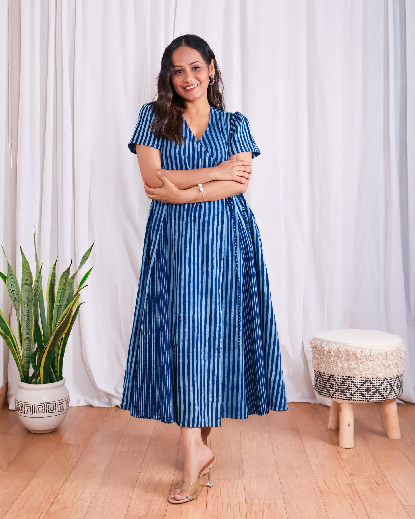 June Indigo HandBlock Dabu Stripes Print Cotton Wrap Dress