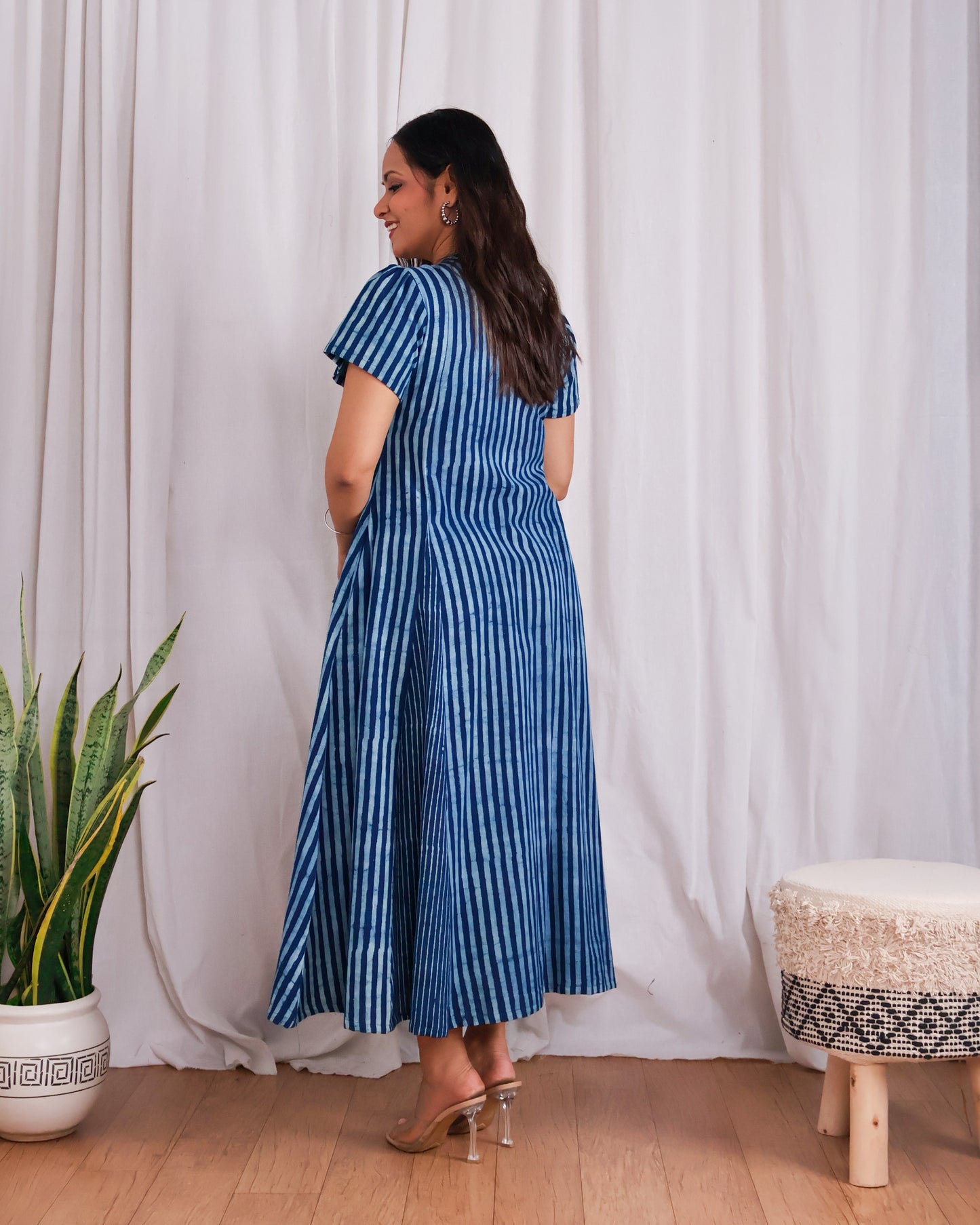June Indigo HandBlock Dabu Stripes Print Cotton Wrap Dress