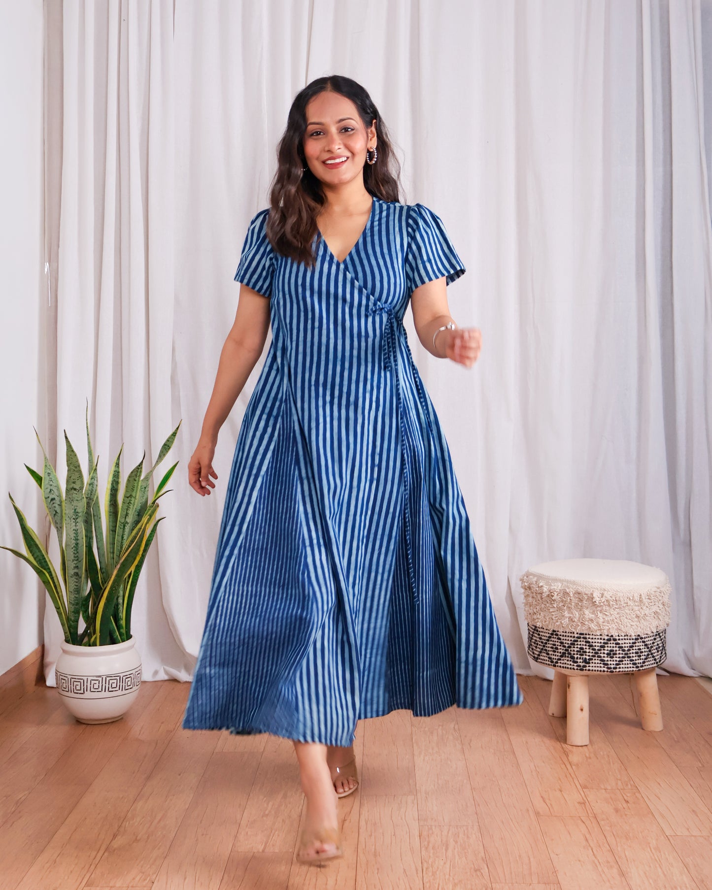 June Indigo HandBlock Dabu Stripes Print Cotton Wrap Dress
