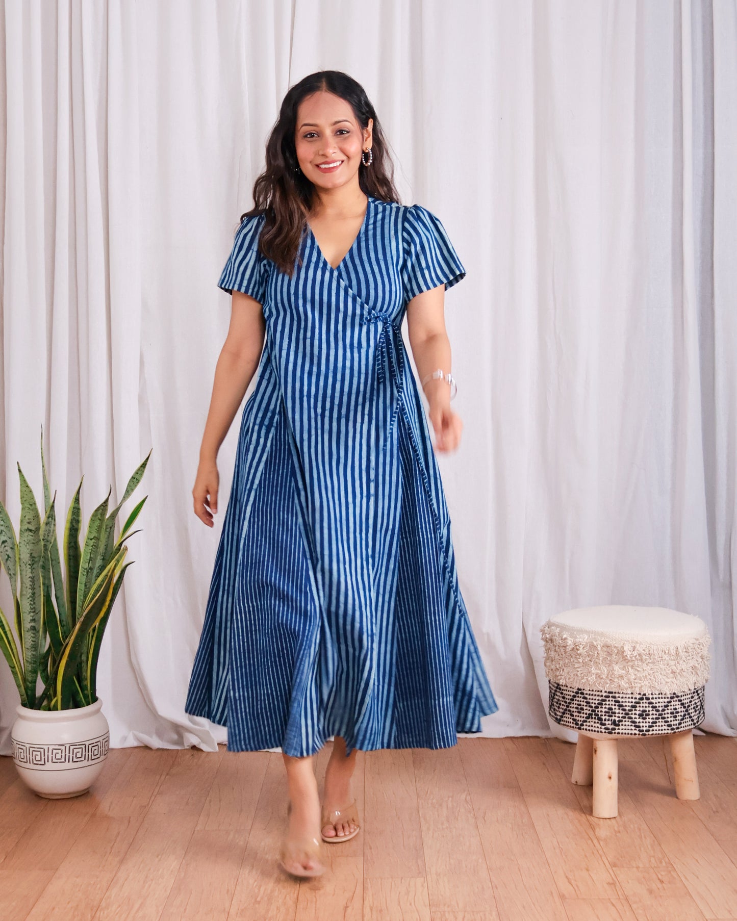 June Indigo HandBlock Dabu Stripes Print Cotton Wrap Dress