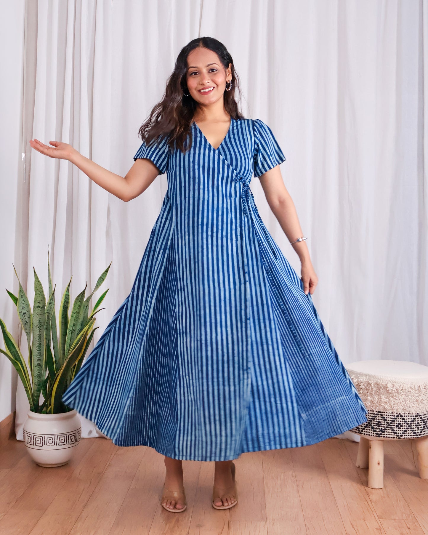 June Indigo HandBlock Dabu Stripes Print Cotton Wrap Dress