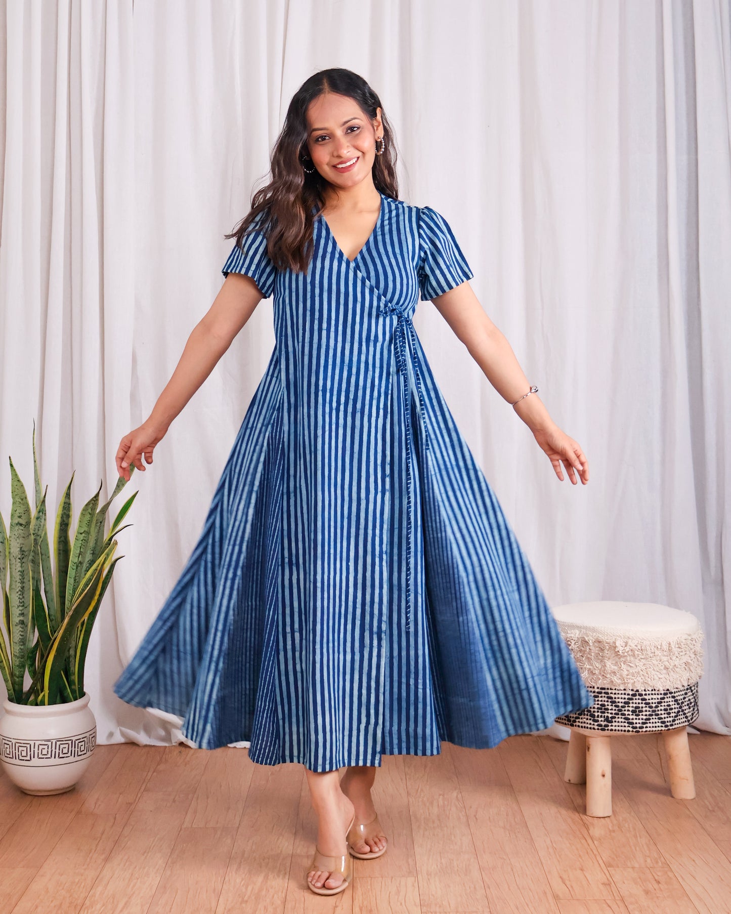 June Indigo HandBlock Dabu Stripes Print Cotton Wrap Dress