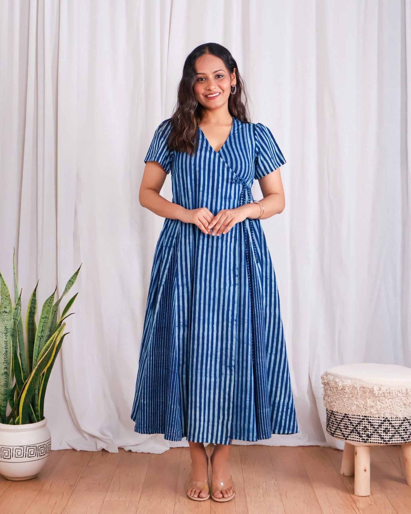 June Indigo HandBlock Dabu Stripes Print Cotton Wrap Dress