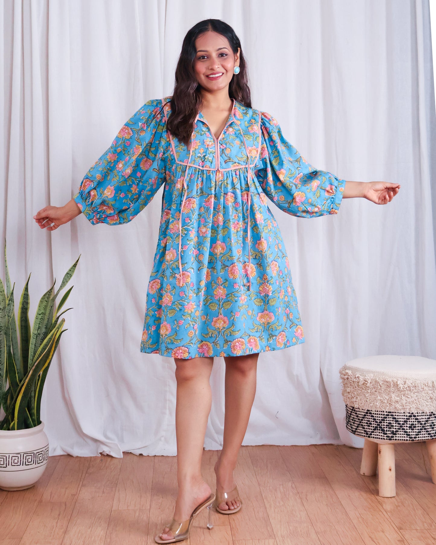 Katie Blue Puff Sleeves HandBlock Print Short Dress