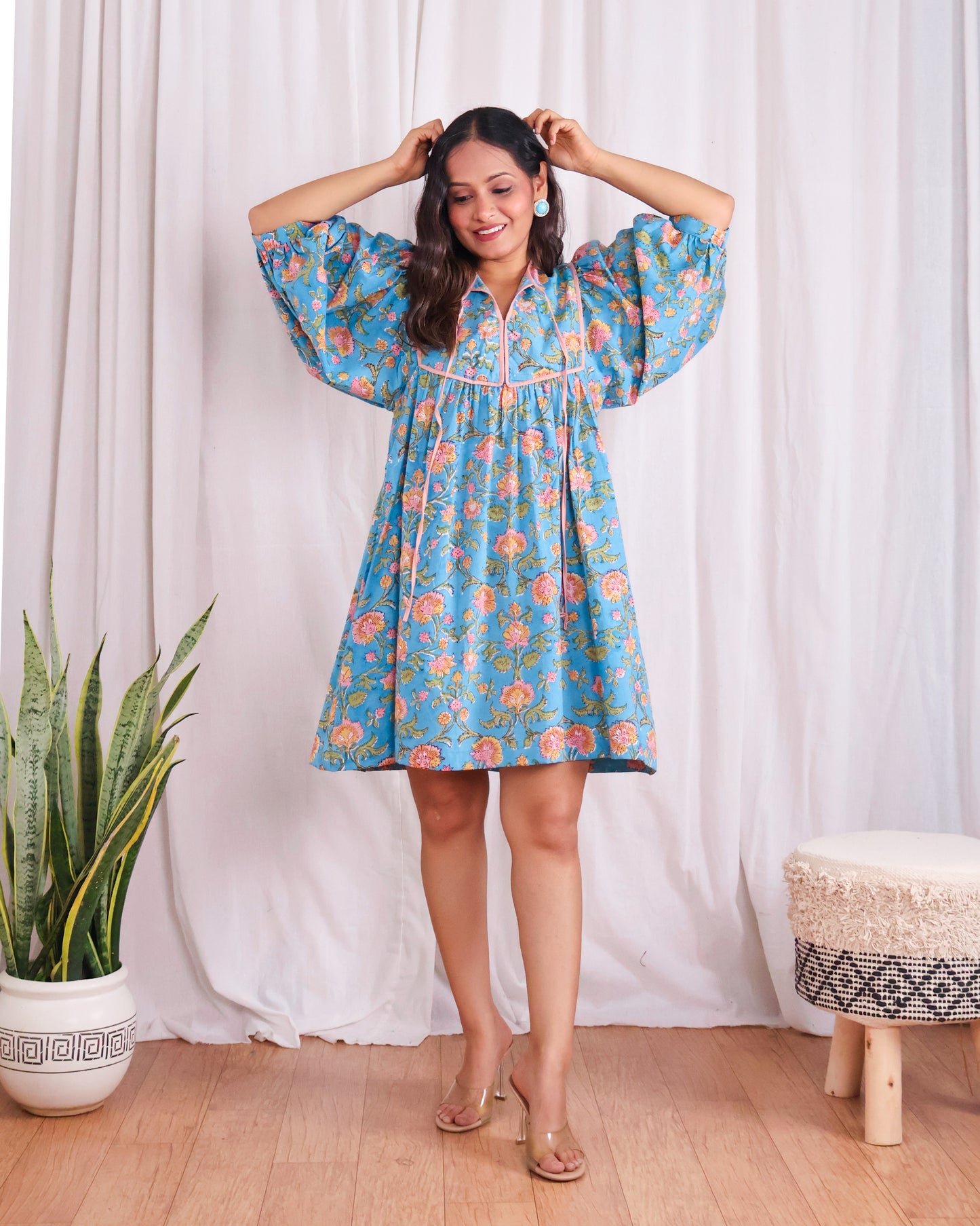 Katie Blue Puff Sleeves HandBlock Print Short Dress