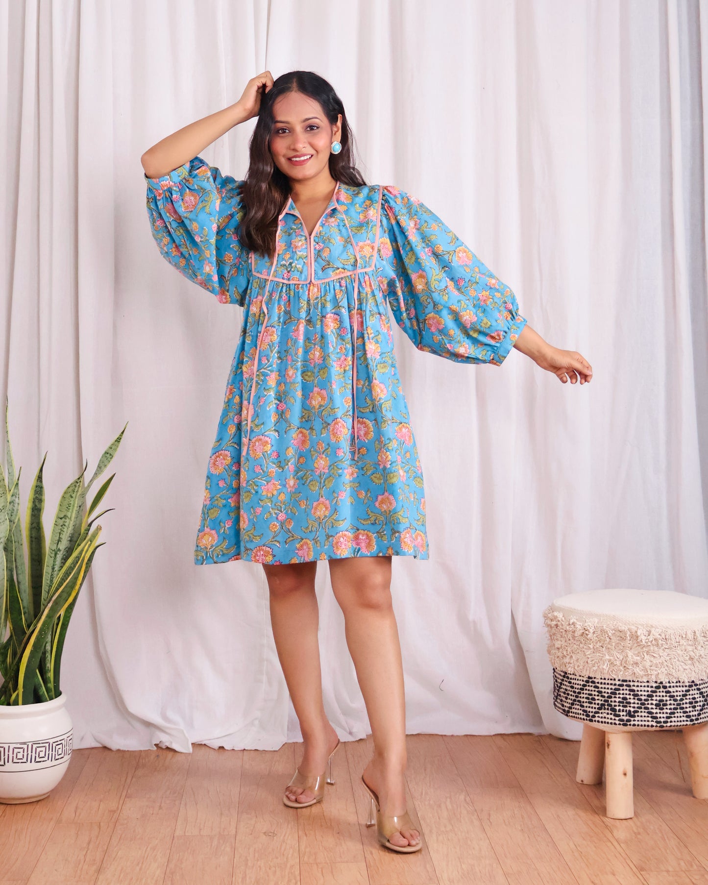 Katie Blue Puff Sleeves HandBlock Print Short Dress