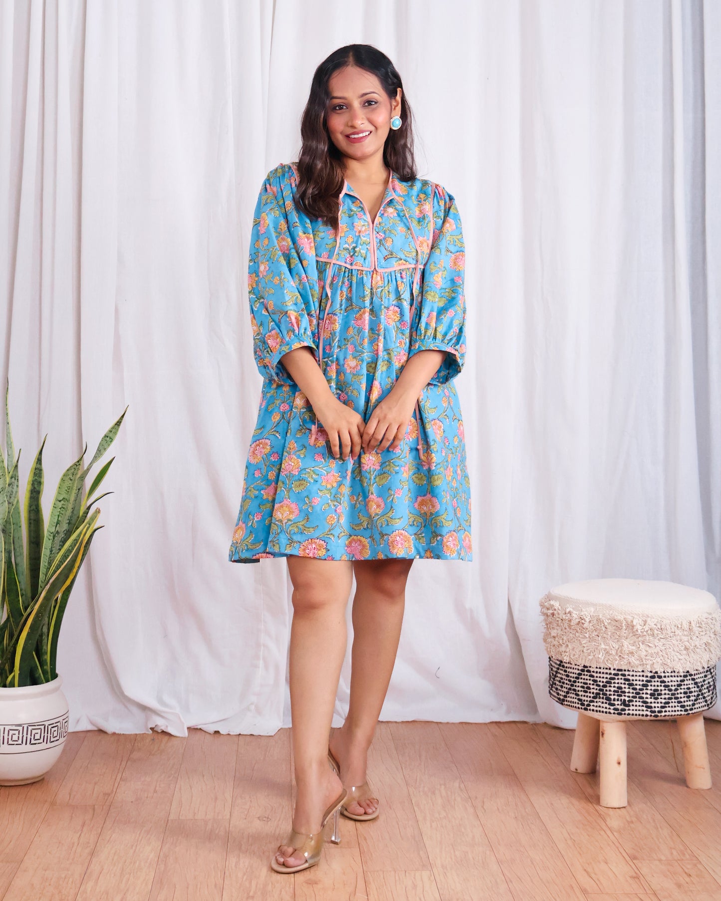 Katie Blue Puff Sleeves HandBlock Print Short Dress