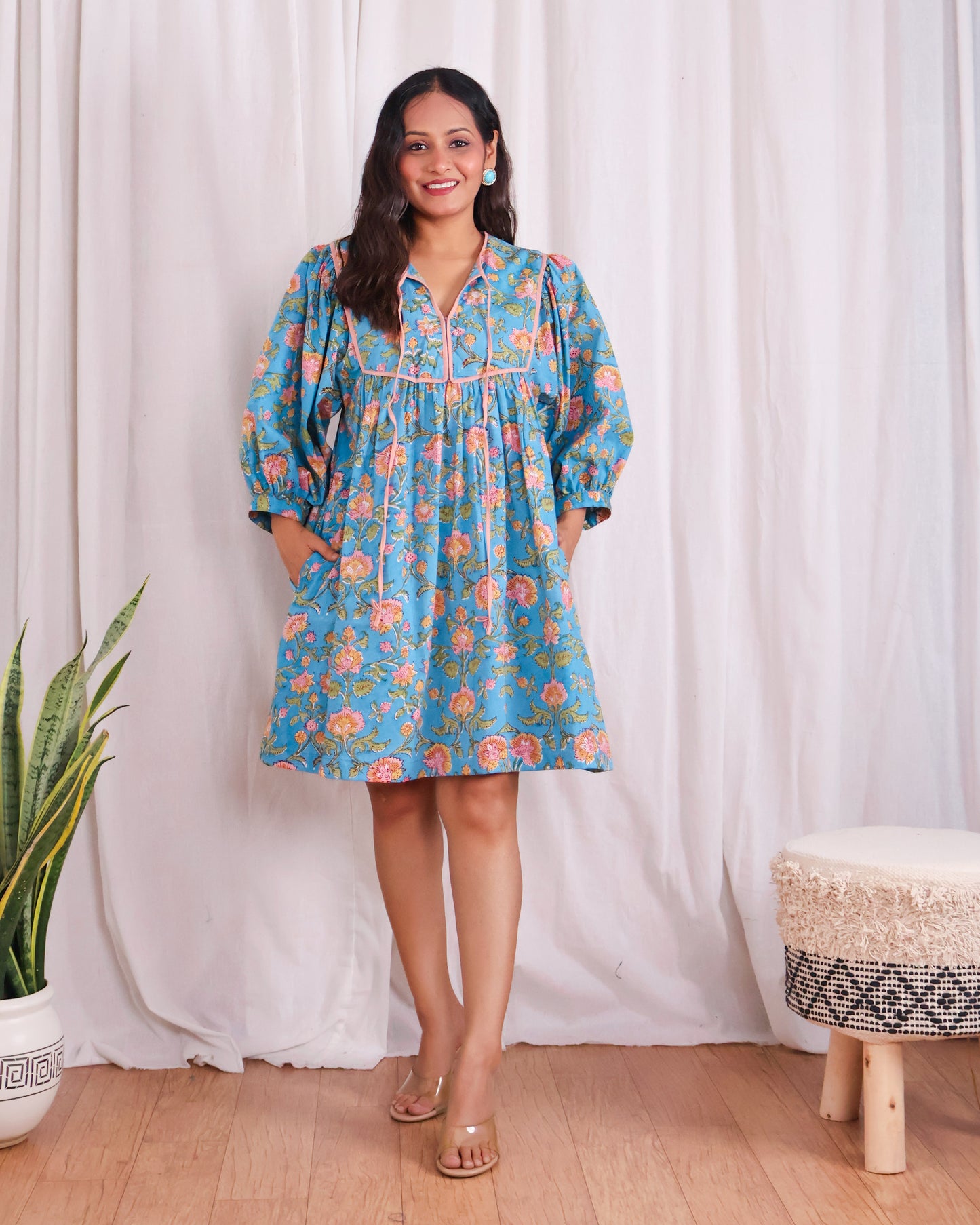 Katie Blue Puff Sleeves HandBlock Print Short Dress