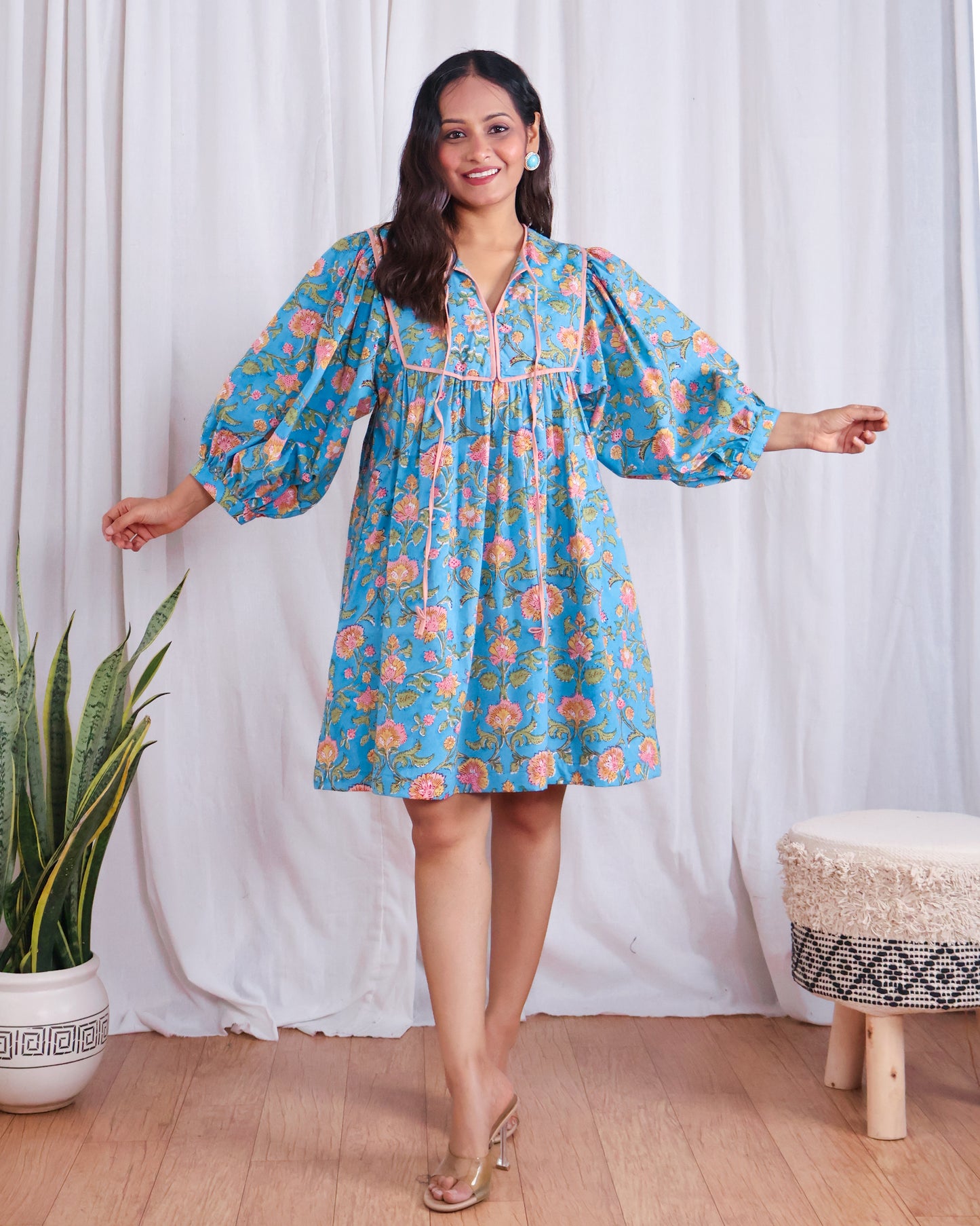 Katie Blue Puff Sleeves HandBlock Print Short Dress
