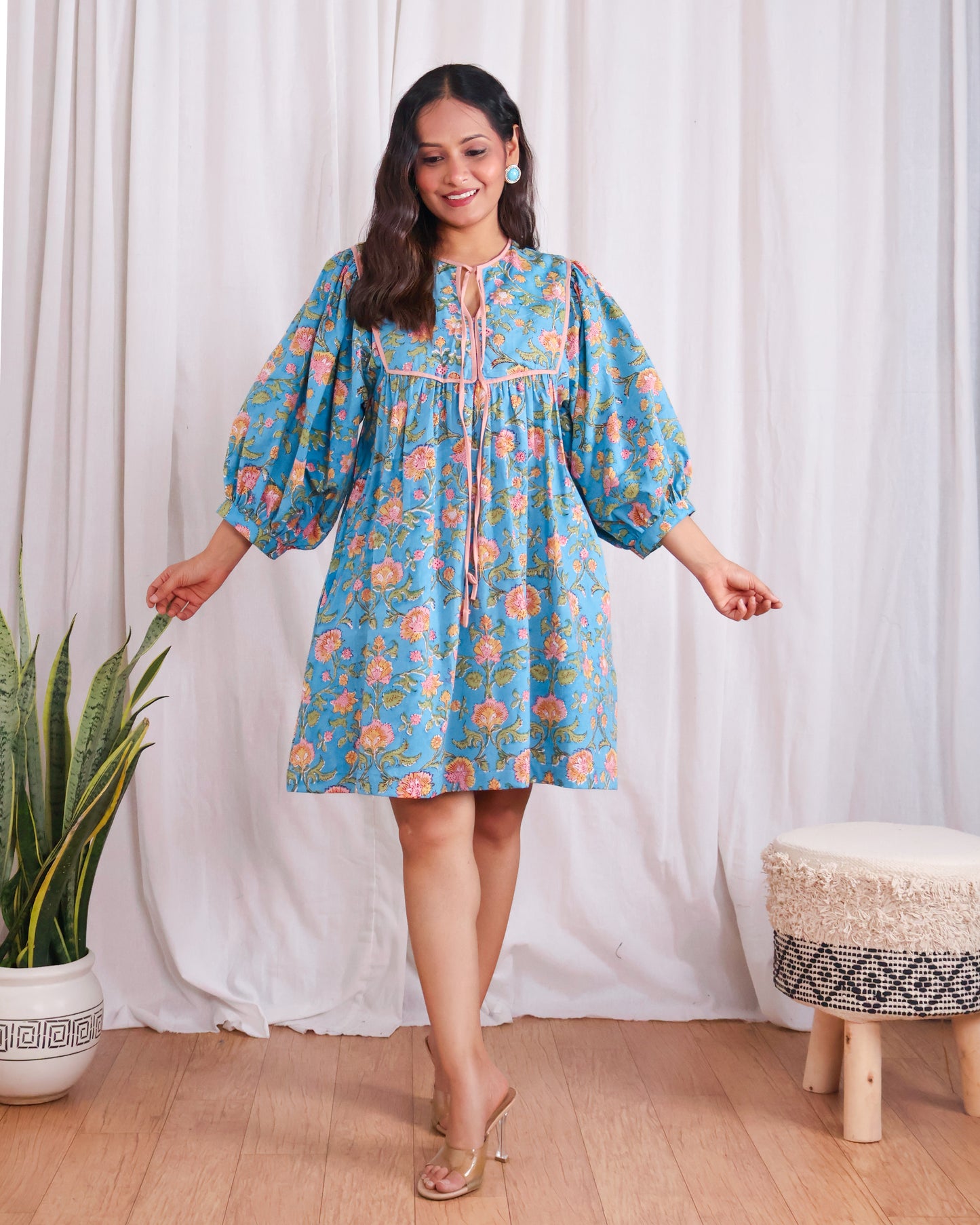 Katie Blue Puff Sleeves HandBlock Print Short Dress