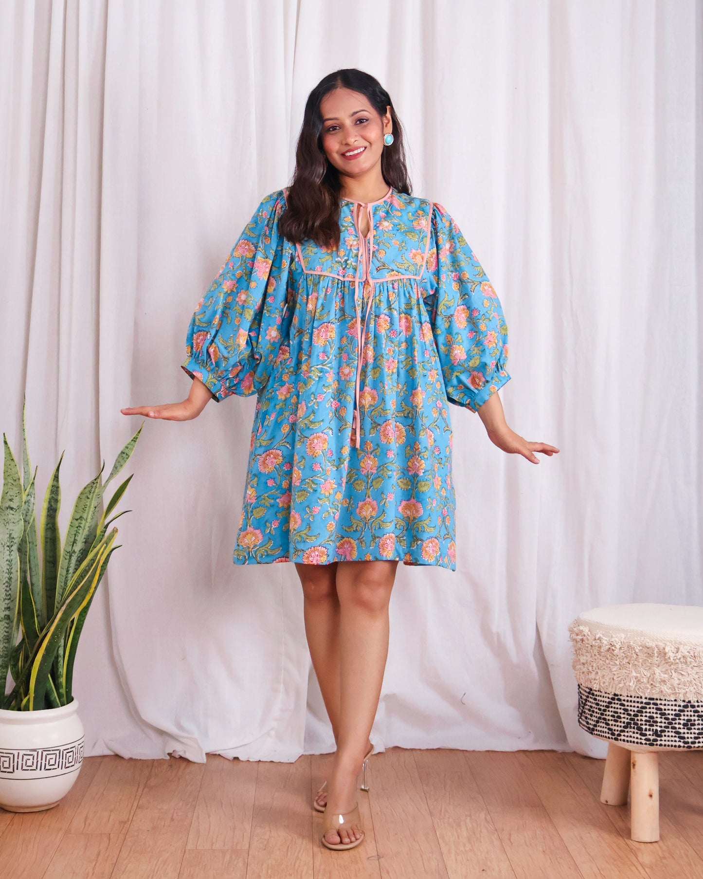 Katie Blue Puff Sleeves HandBlock Print Short Dress