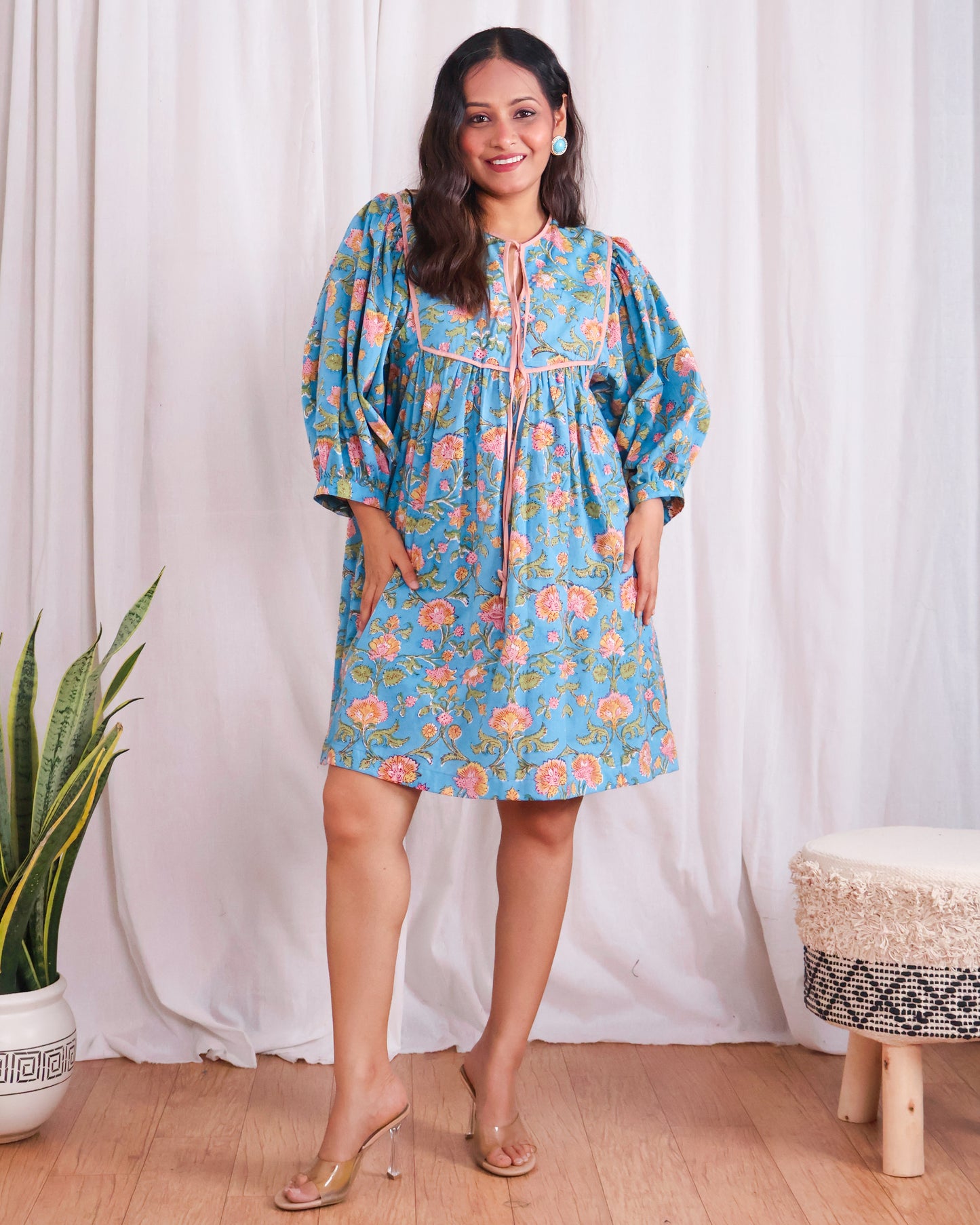 Katie Blue Puff Sleeves HandBlock Print Short Dress