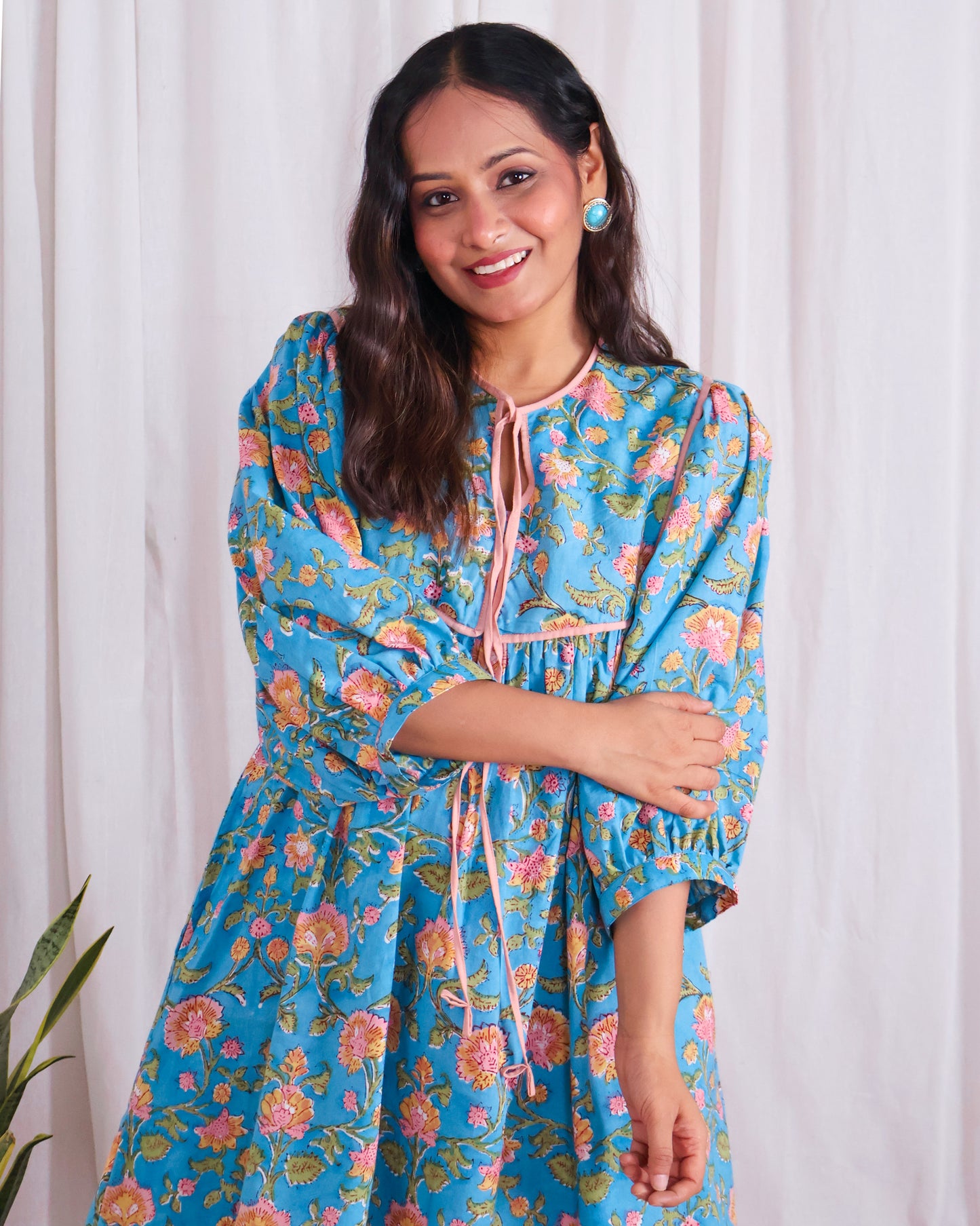 Katie Blue Puff Sleeves HandBlock Print Short Dress