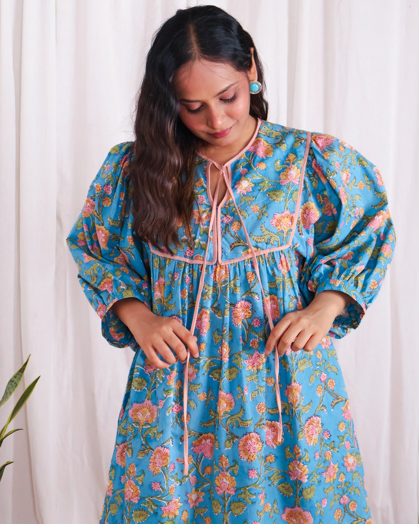 Katie Blue Puff Sleeves HandBlock Print Short Dress