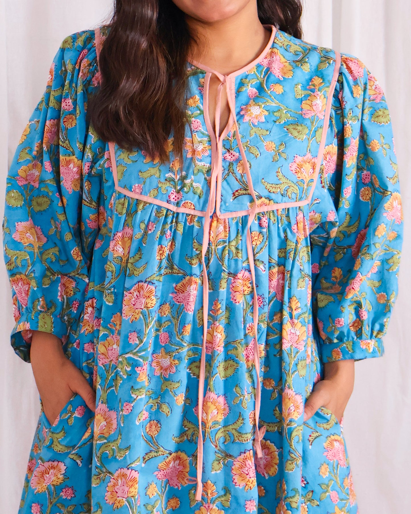 Katie Blue Puff Sleeves HandBlock Print Short Dress