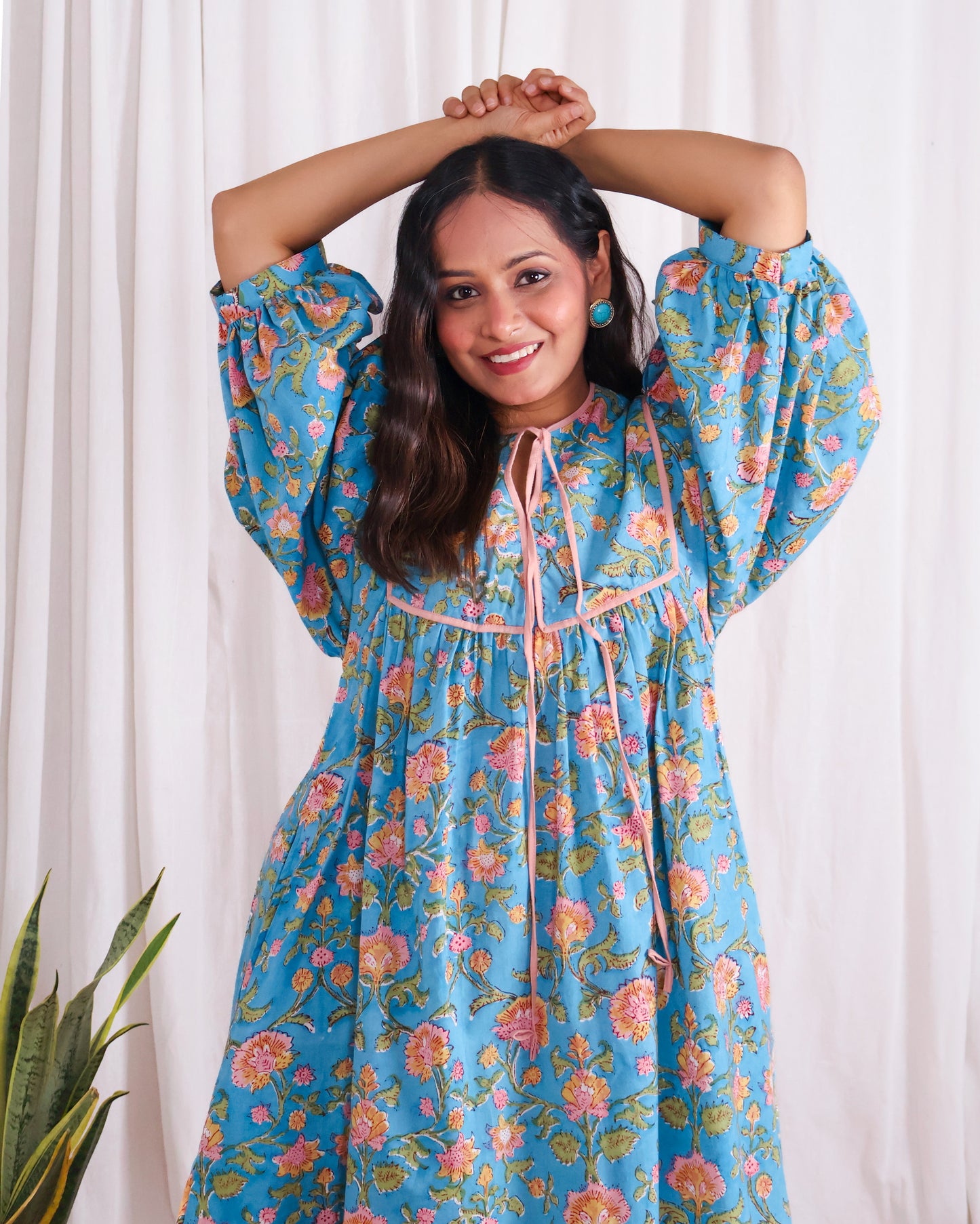 Katie Blue Puff Sleeves HandBlock Print Short Dress