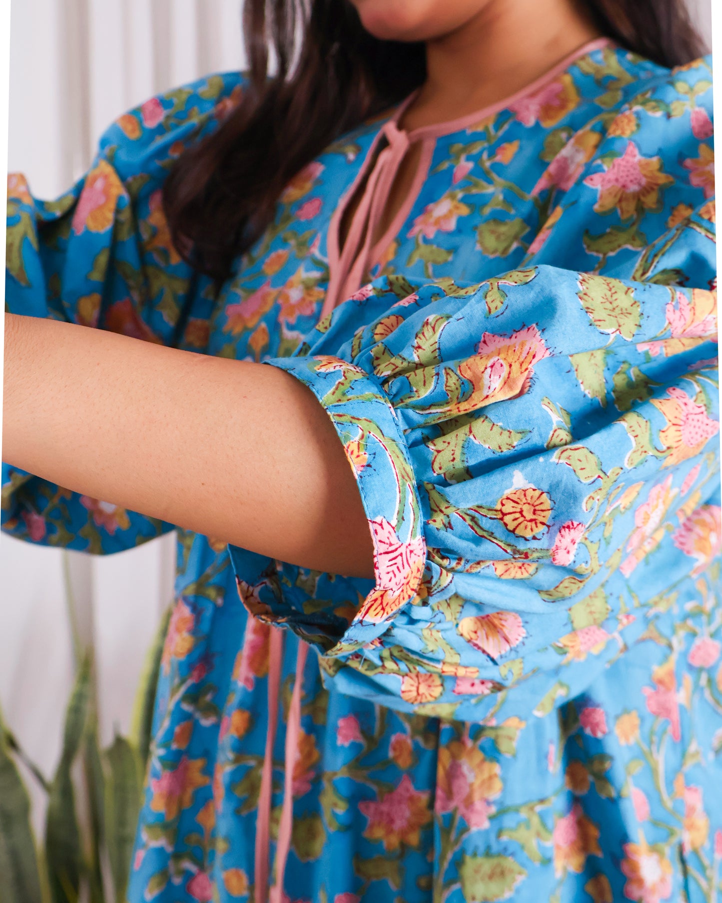Katie Blue Puff Sleeves HandBlock Print Short Dress