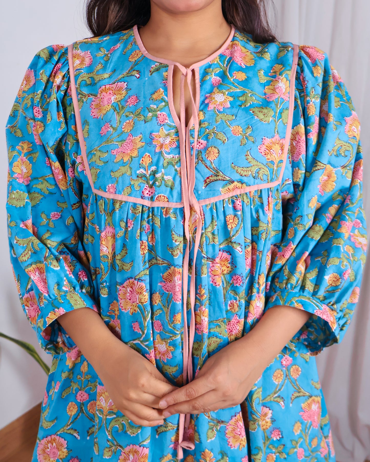 Katie Blue Puff Sleeves HandBlock Print Short Dress