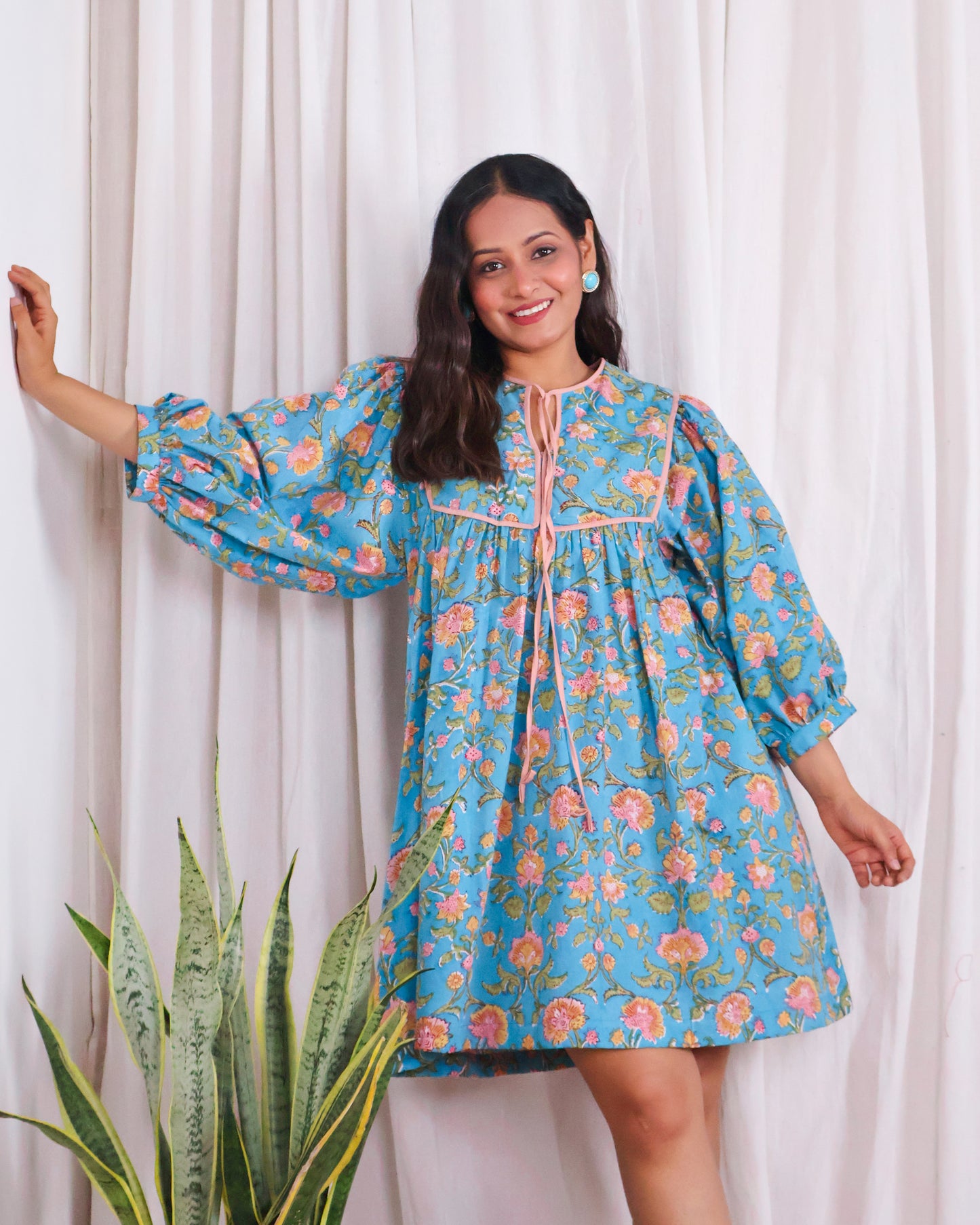 Katie Blue Puff Sleeves HandBlock Print Short Dress