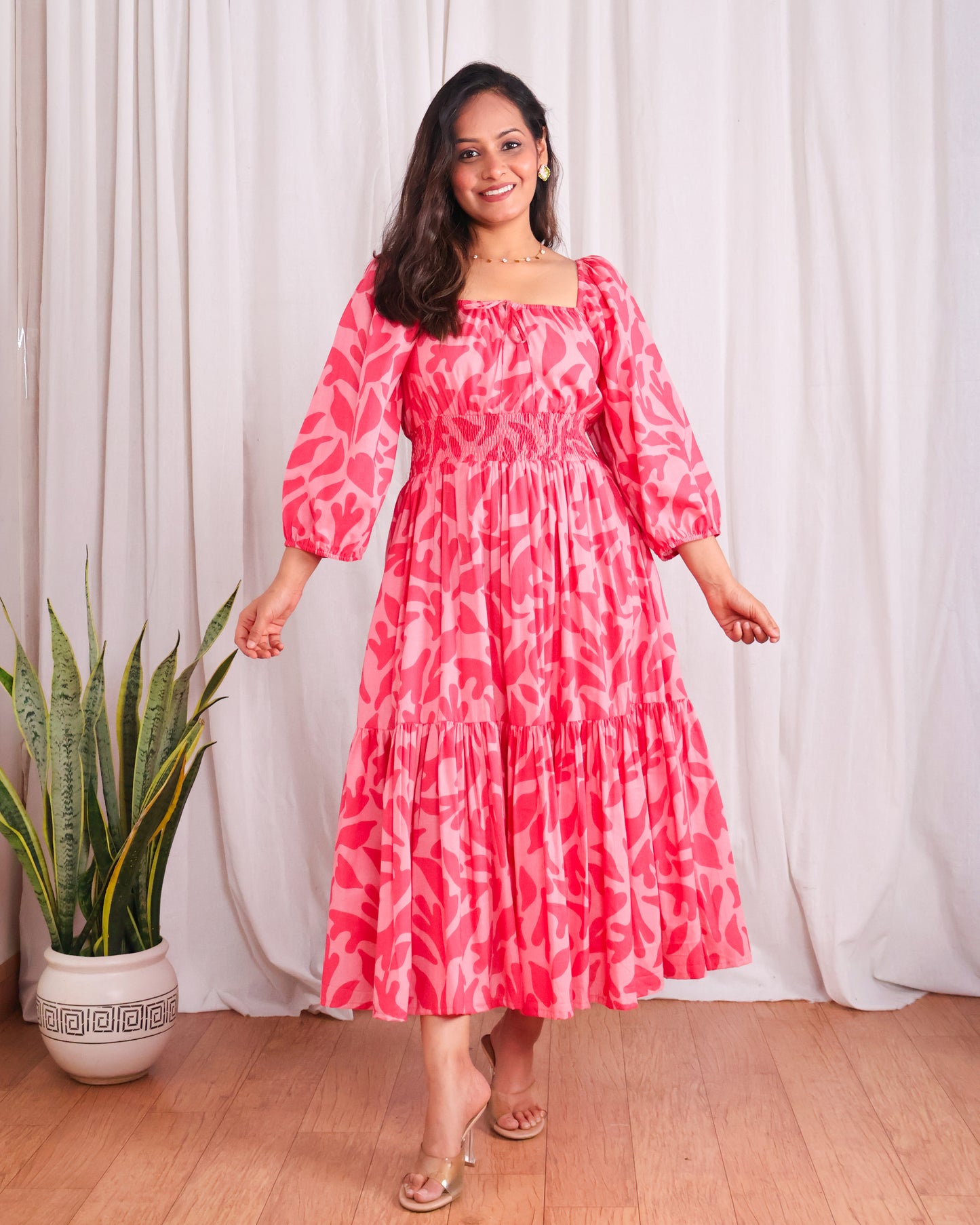 Jules Pink Cotton Tiered Midi Dress