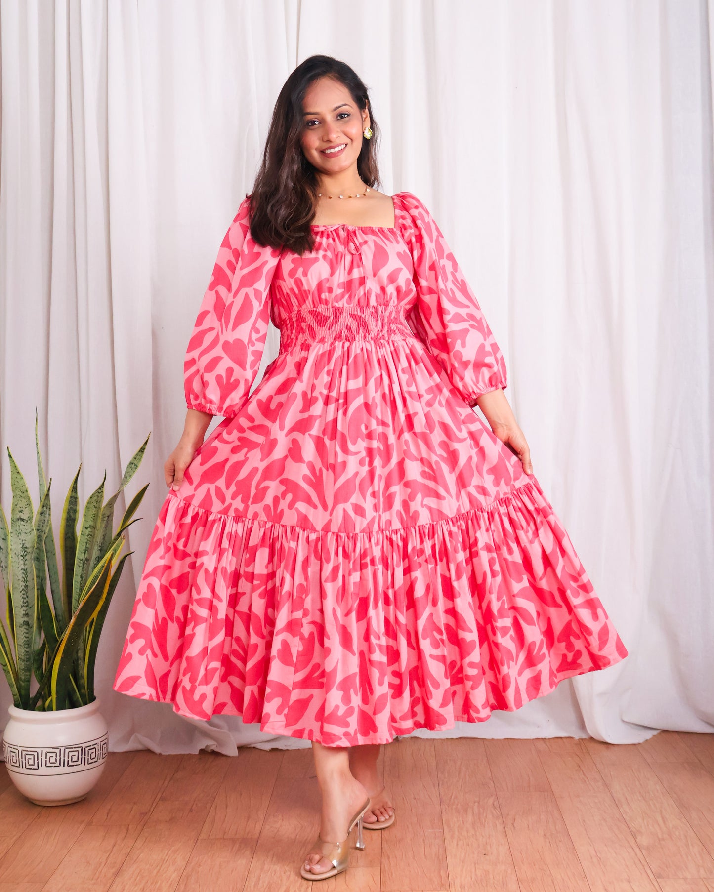 Jules Pink Cotton Tiered Midi Dress