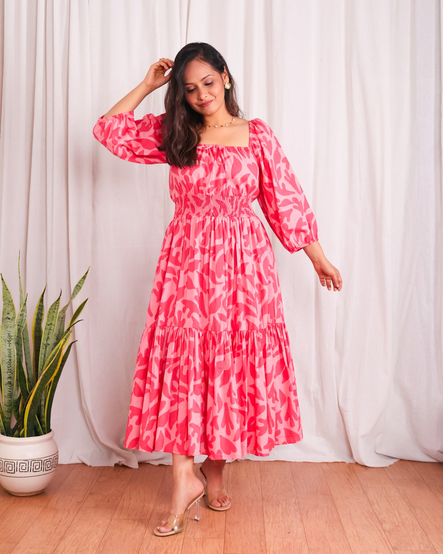 Jules Pink Cotton Tiered Midi Dress