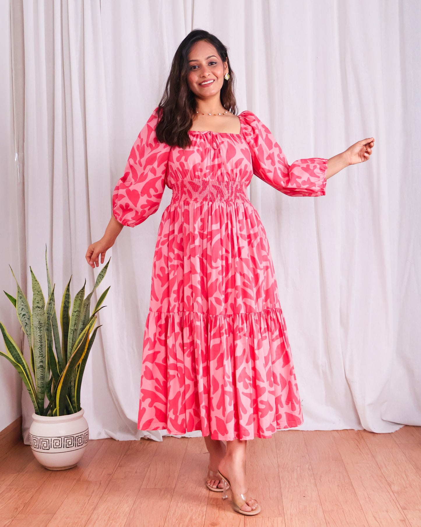 Jules Pink Cotton Tiered Midi Dress