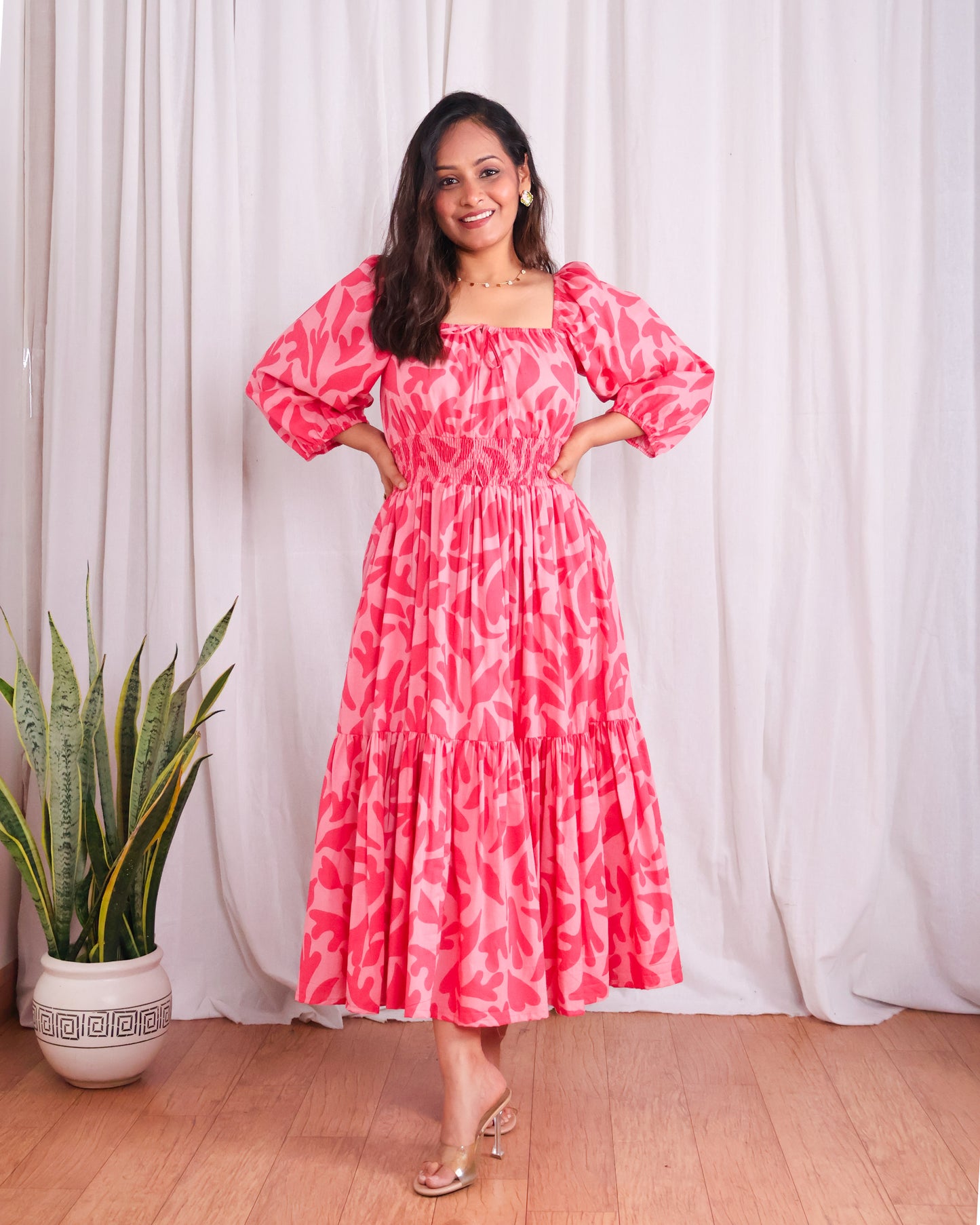 Jules Pink Cotton Tiered Midi Dress