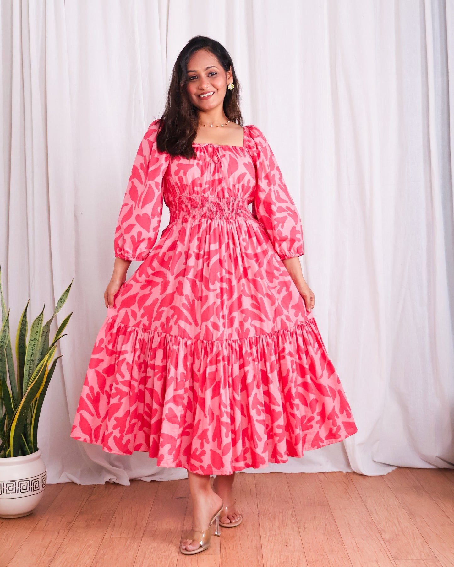 Jules Pink Cotton Tiered Midi Dress