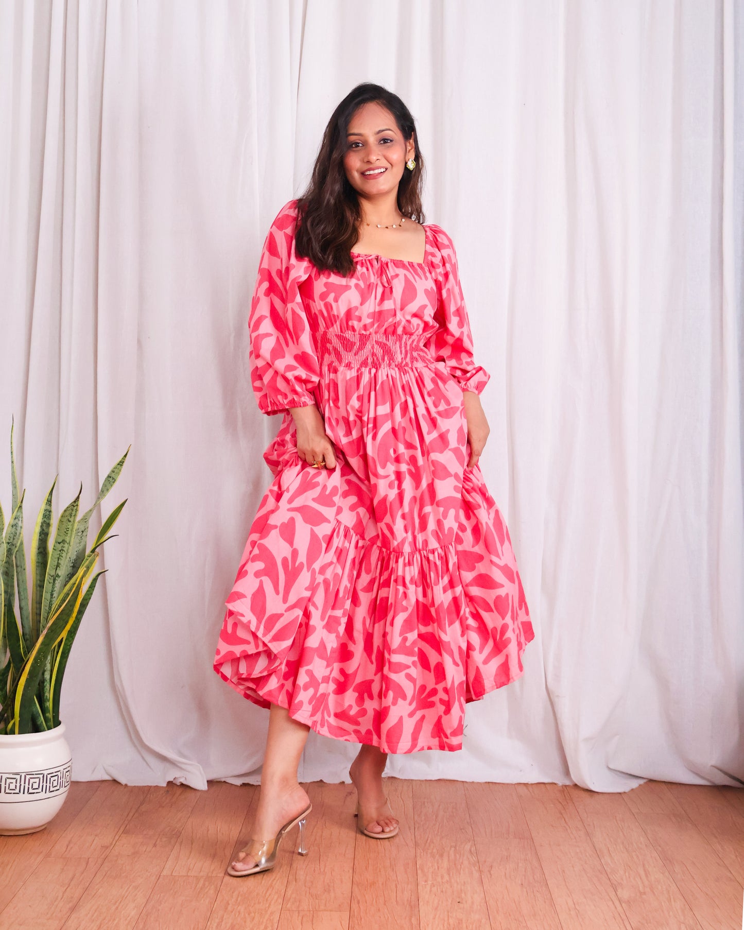 Jules Pink Cotton Tiered Midi Dress