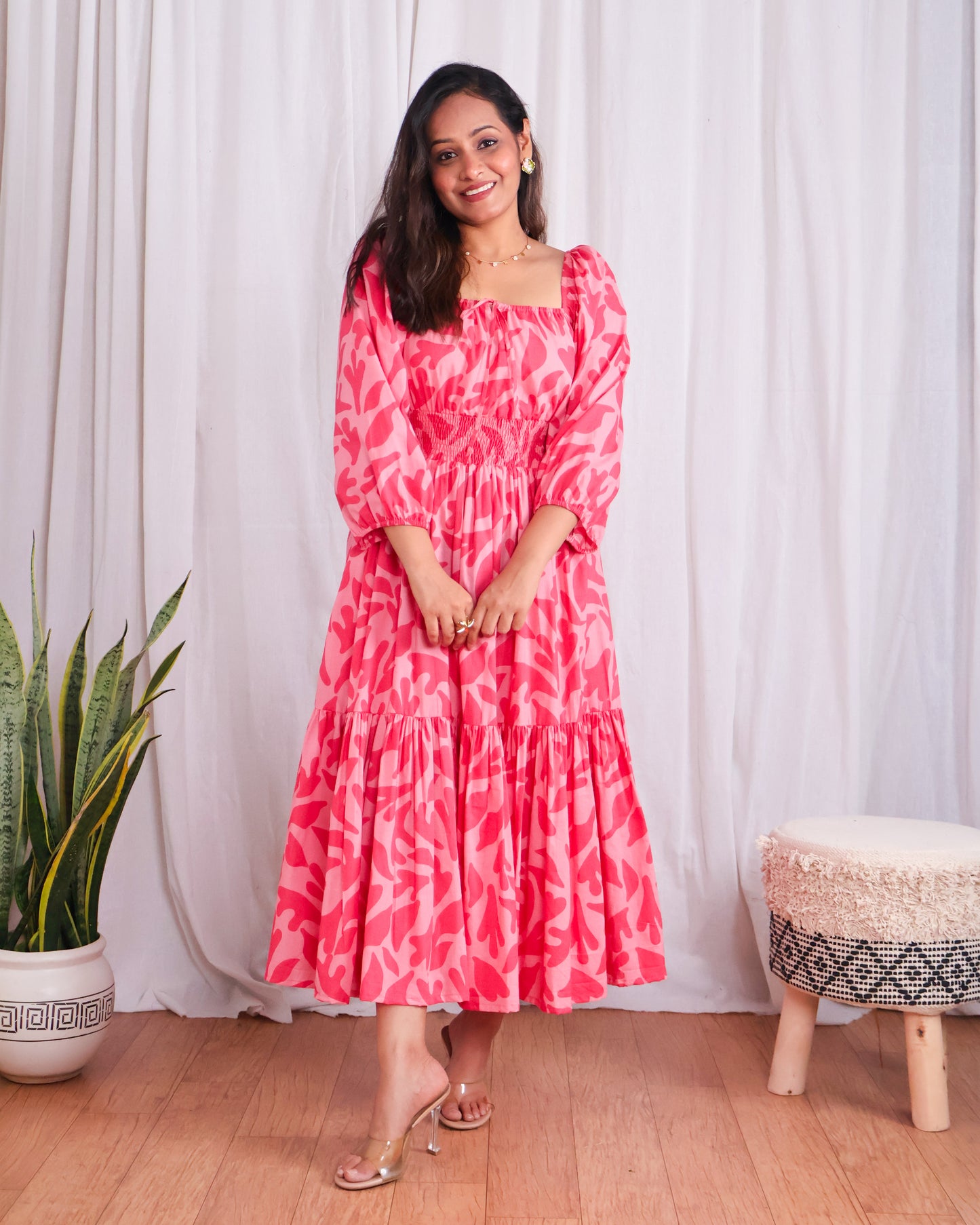 Jules Pink Cotton Tiered Midi Dress