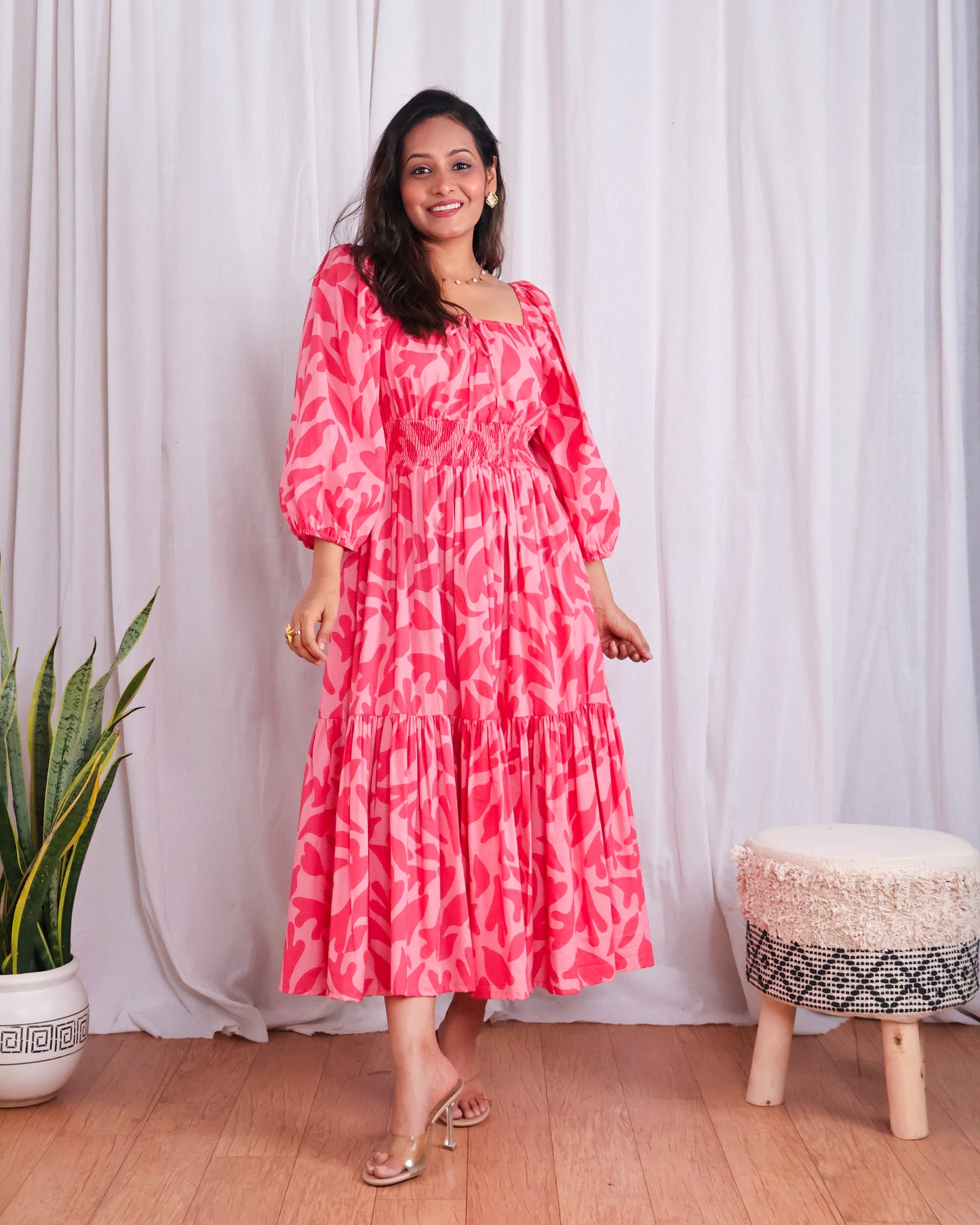 Jules Pink Cotton Tiered Midi Dress