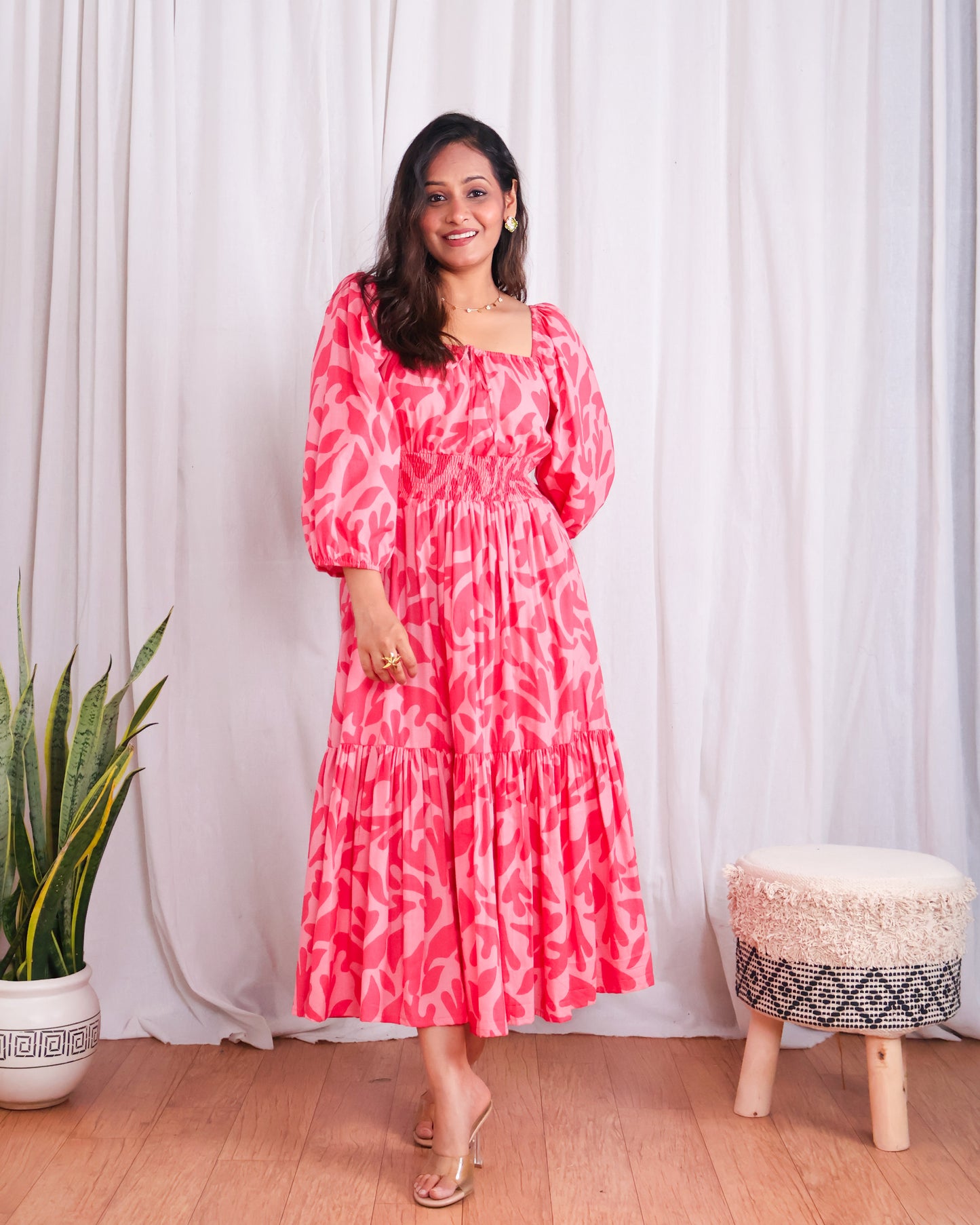 Jules Pink Cotton Tiered Midi Dress