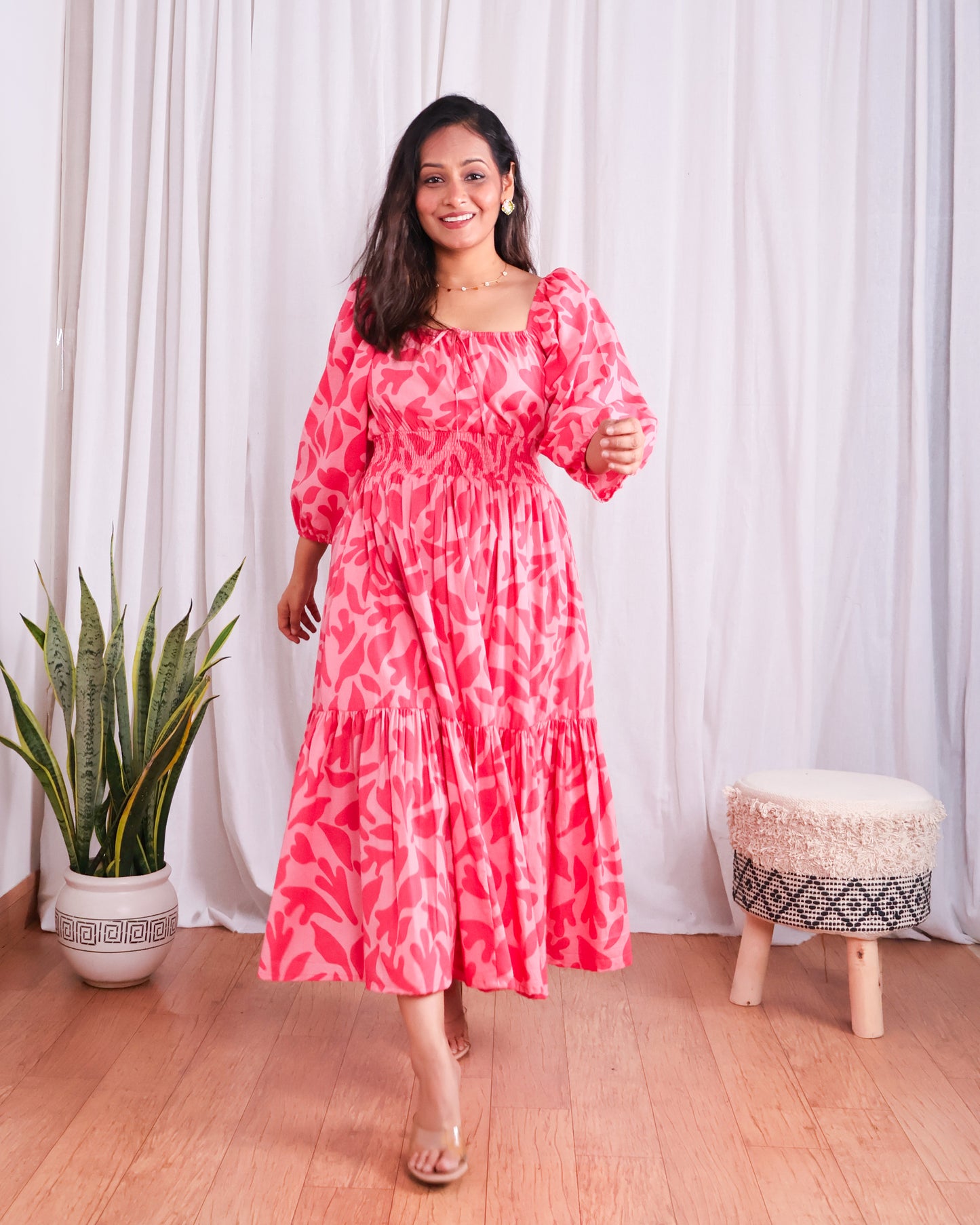 Jules Pink Cotton Tiered Midi Dress