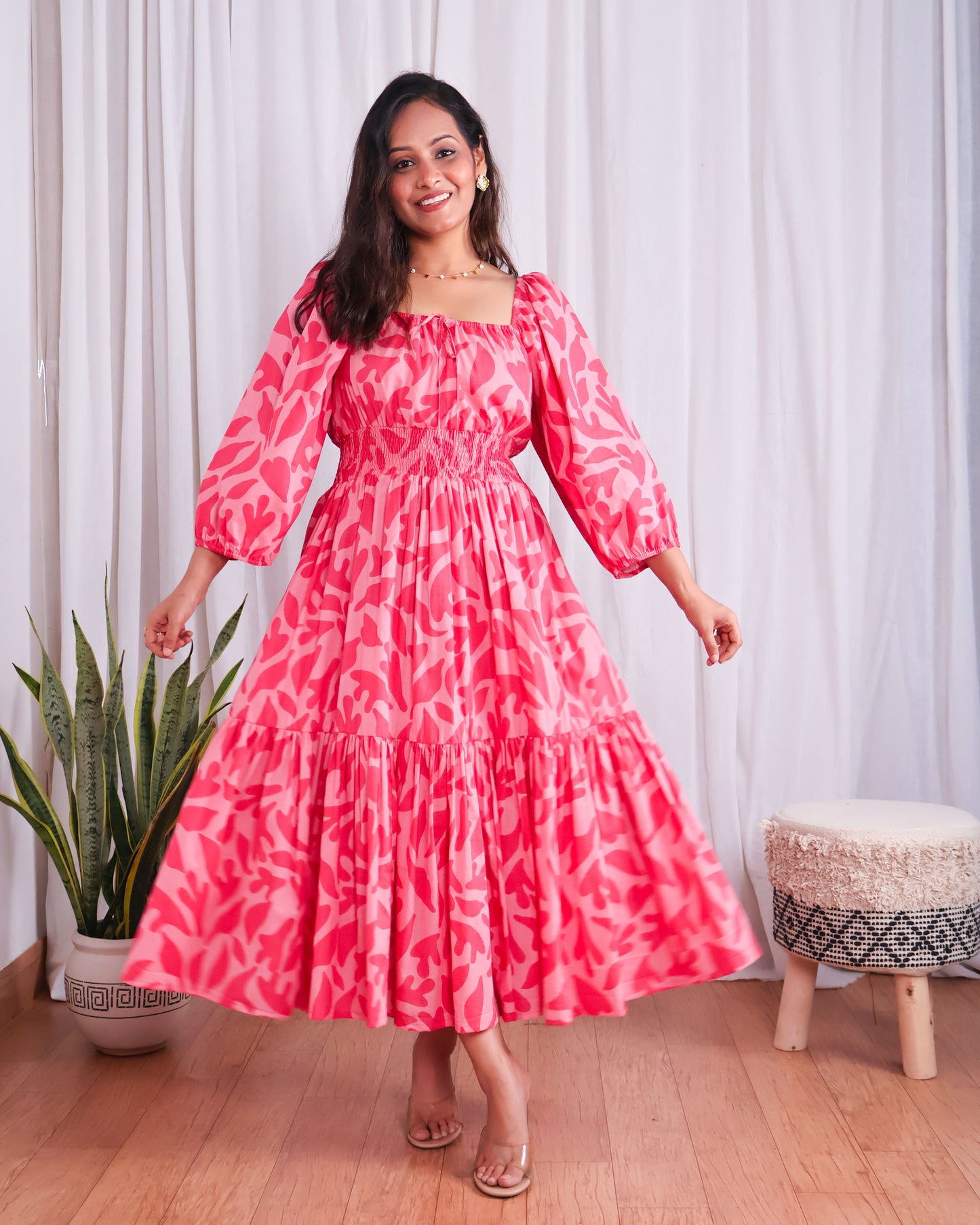 Jules Pink Cotton Tiered Midi Dress