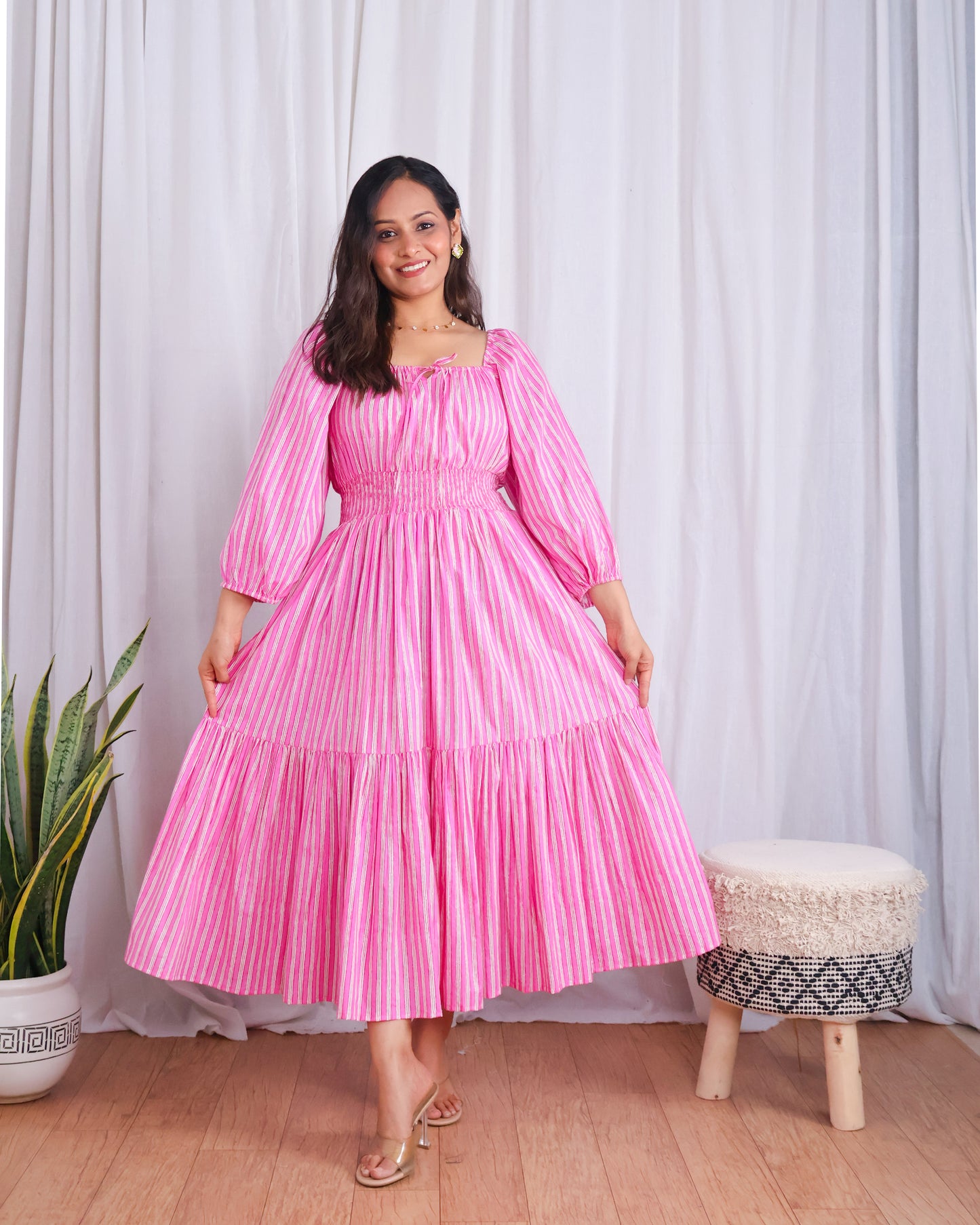 Sydney Pink Striped Cotton Tiered Midi Dress
