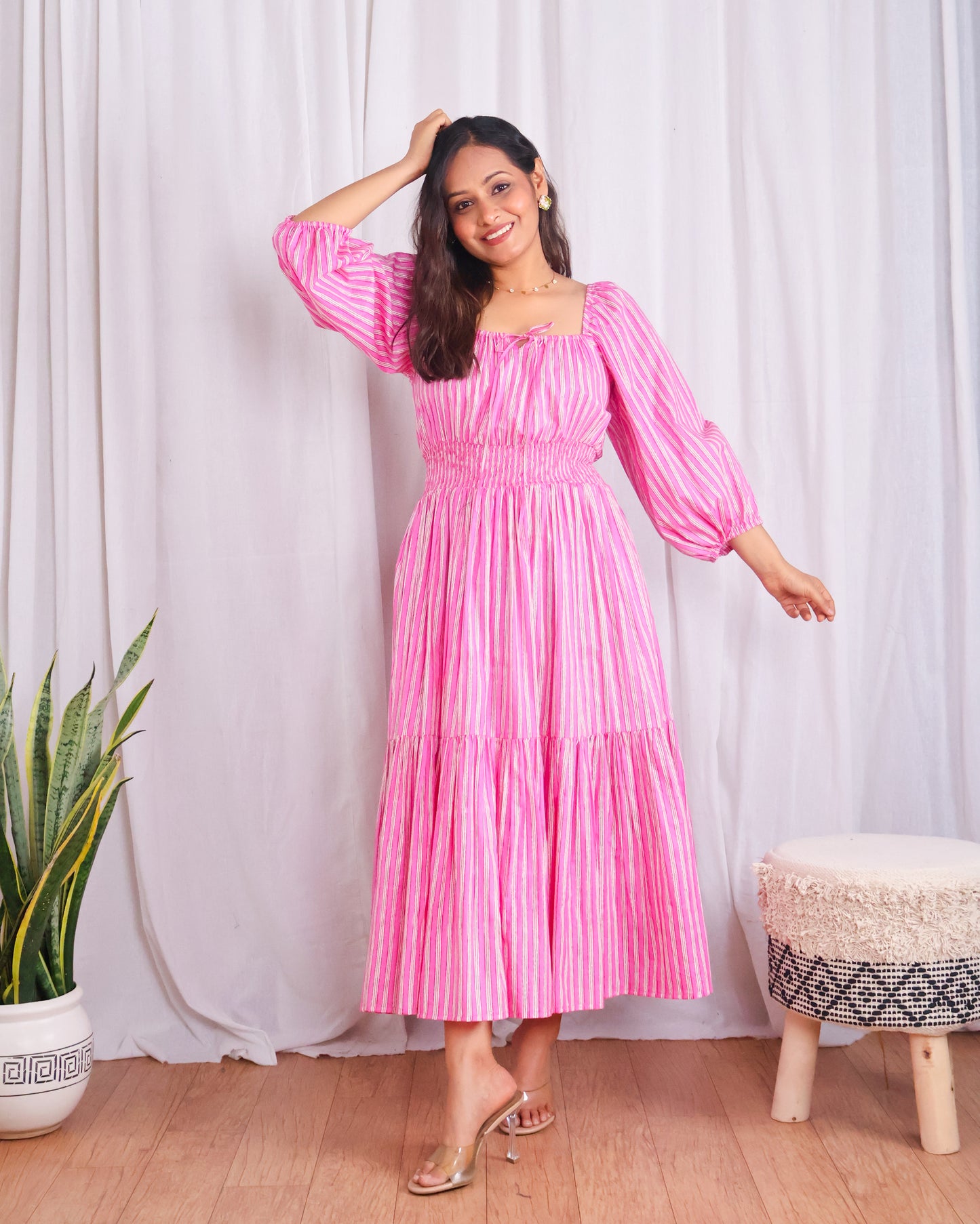 Sydney Pink Striped Cotton Tiered Midi Dress