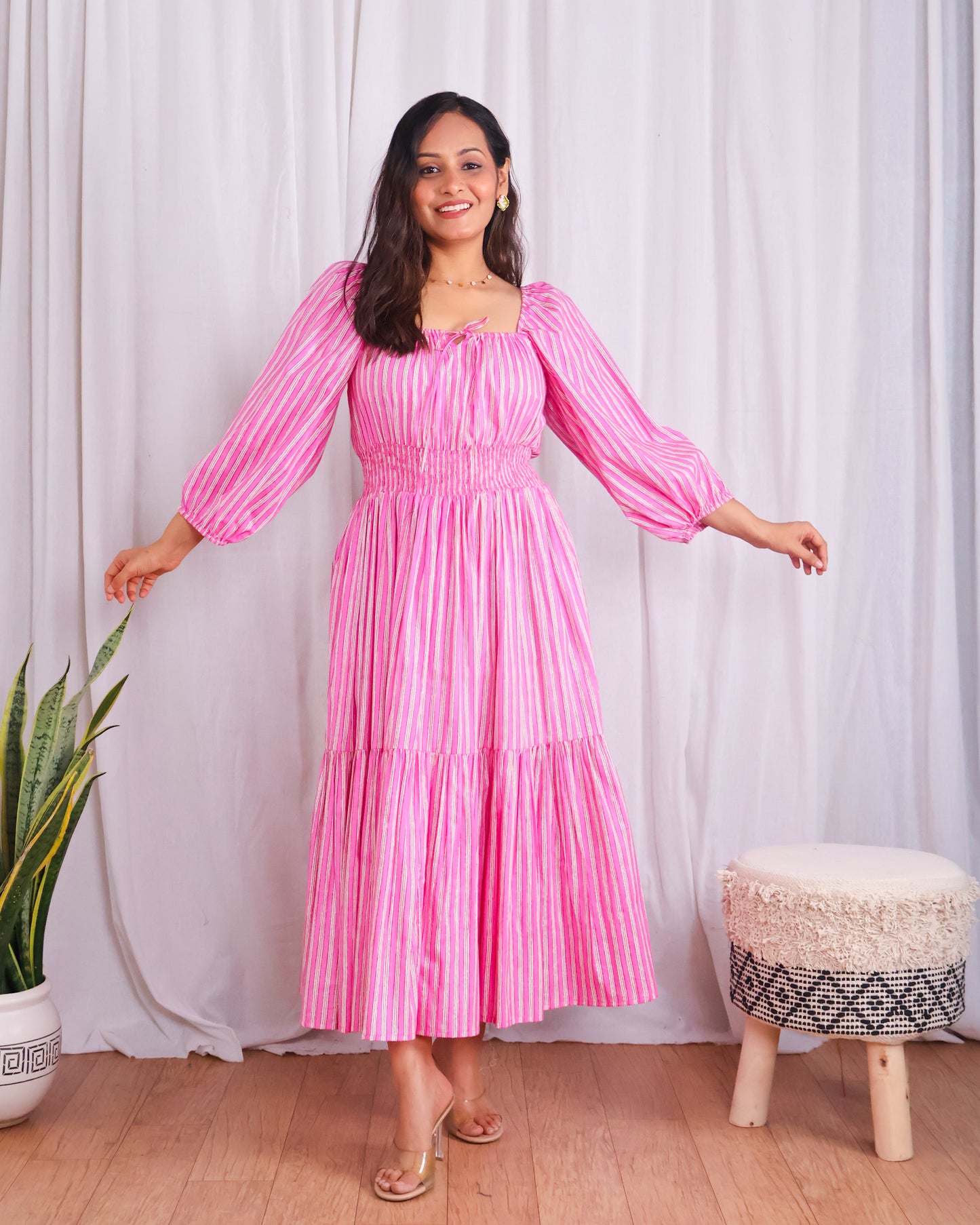 Sydney Pink Striped Cotton Tiered Midi Dress