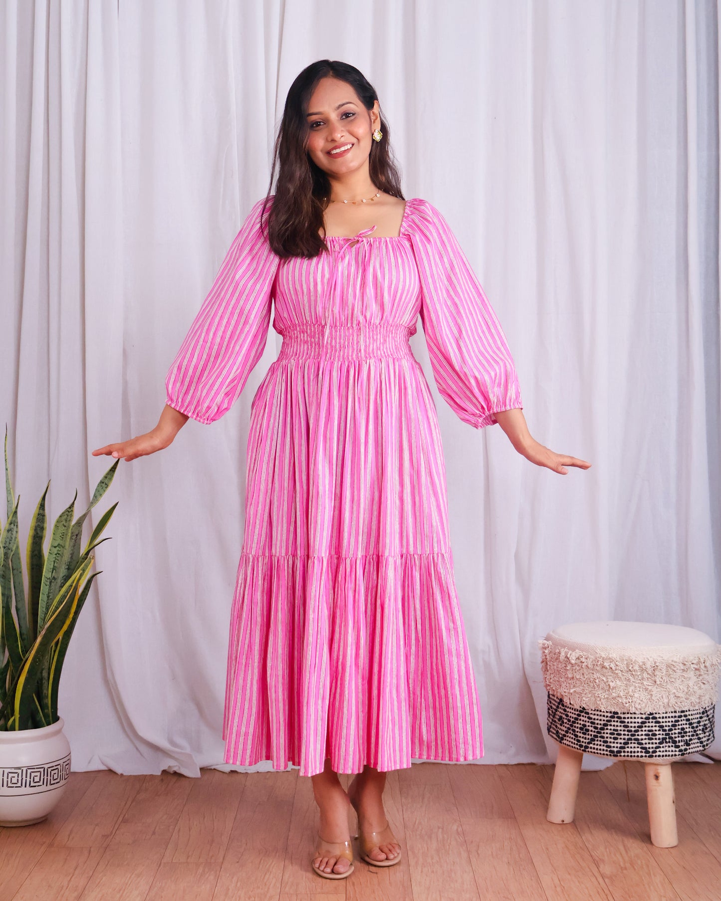 Sydney Pink Striped Cotton Tiered Midi Dress
