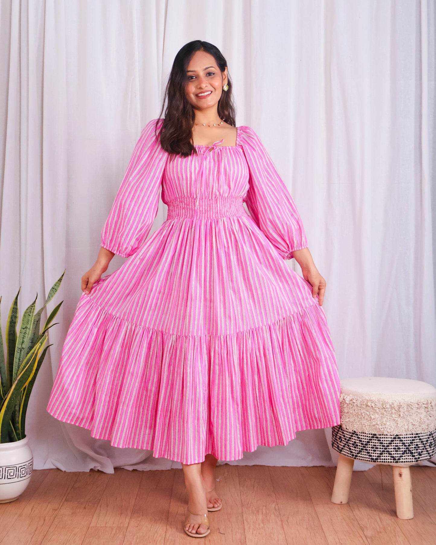 Sydney Pink Striped Cotton Tiered Midi Dress
