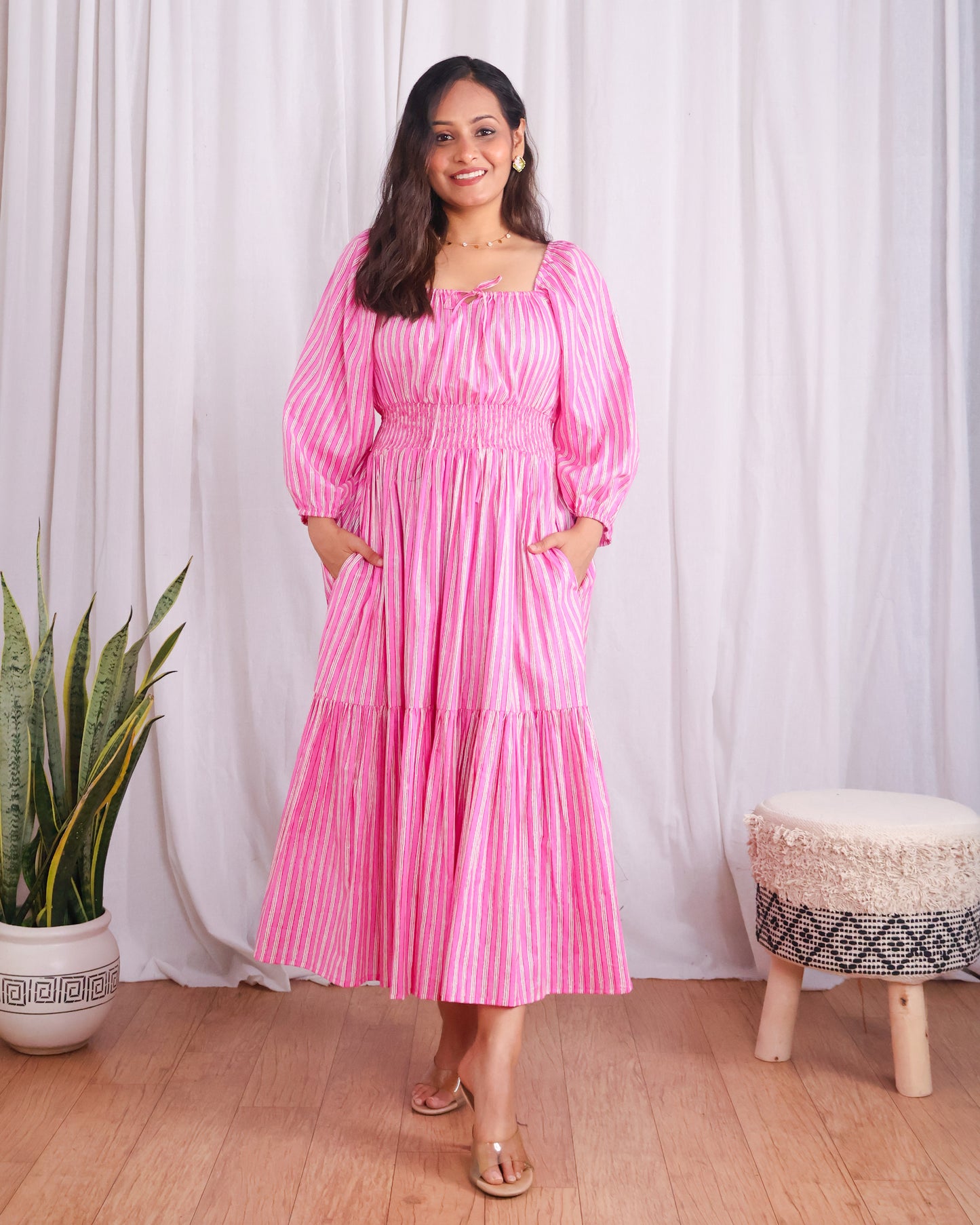 Sydney Pink Striped Cotton Tiered Midi Dress
