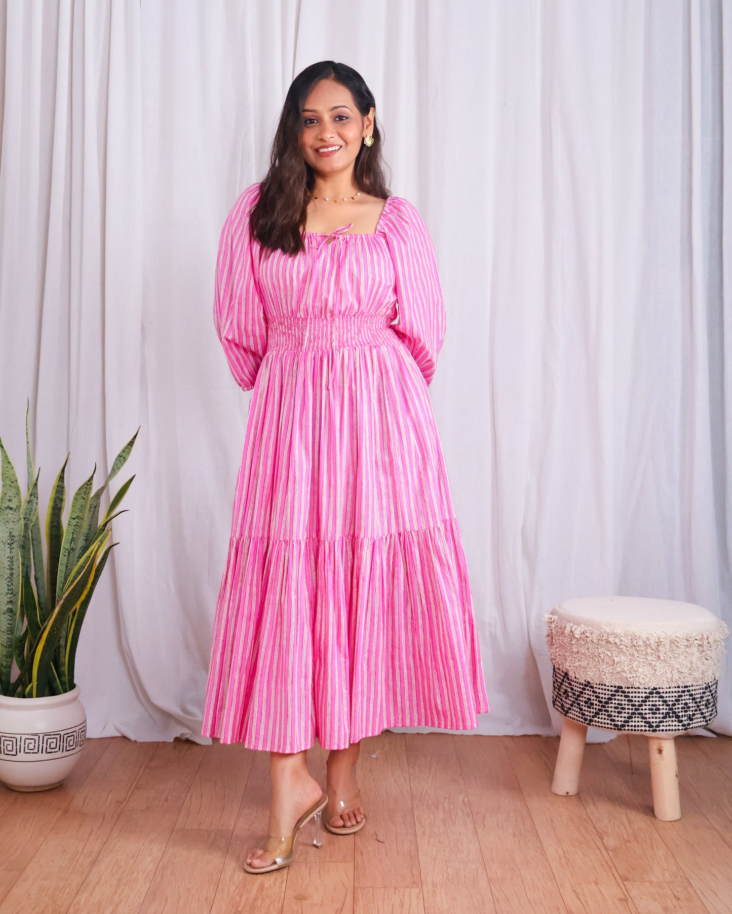 Sydney Pink Striped Cotton Tiered Midi Dress