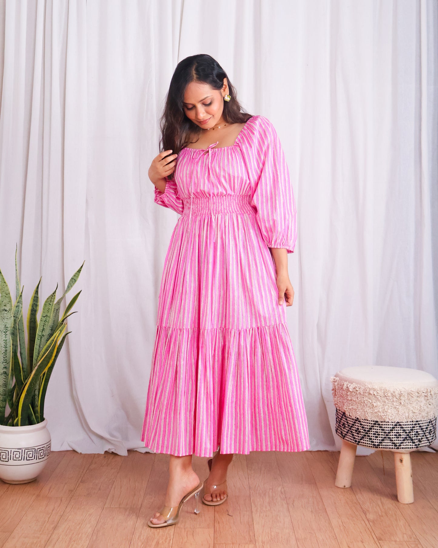 Sydney Pink Striped Cotton Tiered Midi Dress