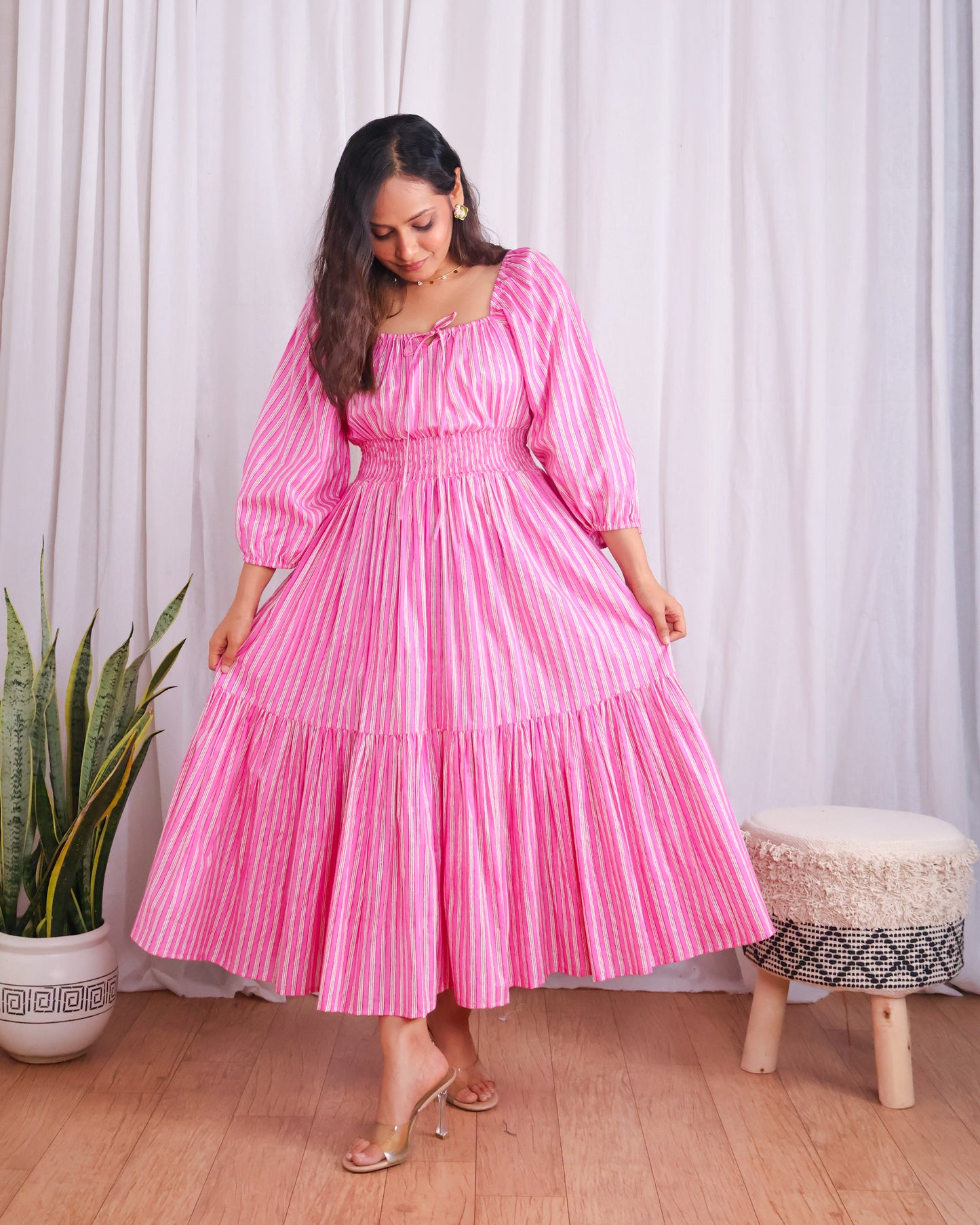 Sydney Pink Striped Cotton Tiered Midi Dress