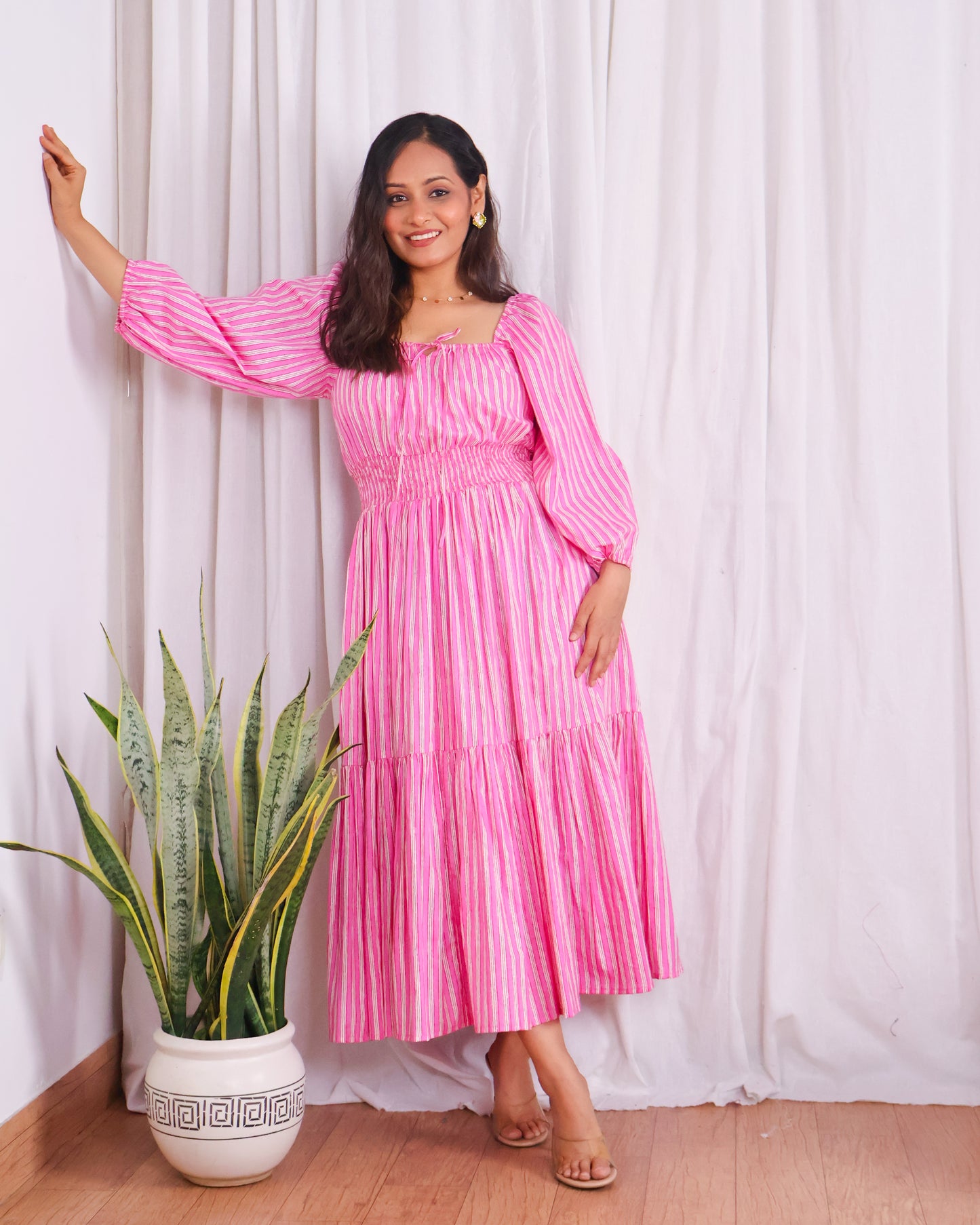 Sydney Pink Striped Cotton Tiered Midi Dress