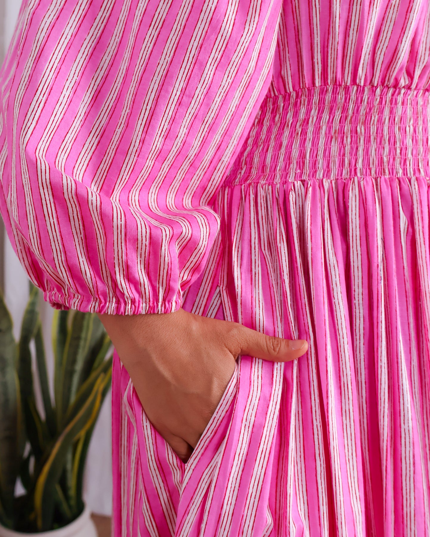 Sydney Pink Striped Cotton Tiered Midi Dress