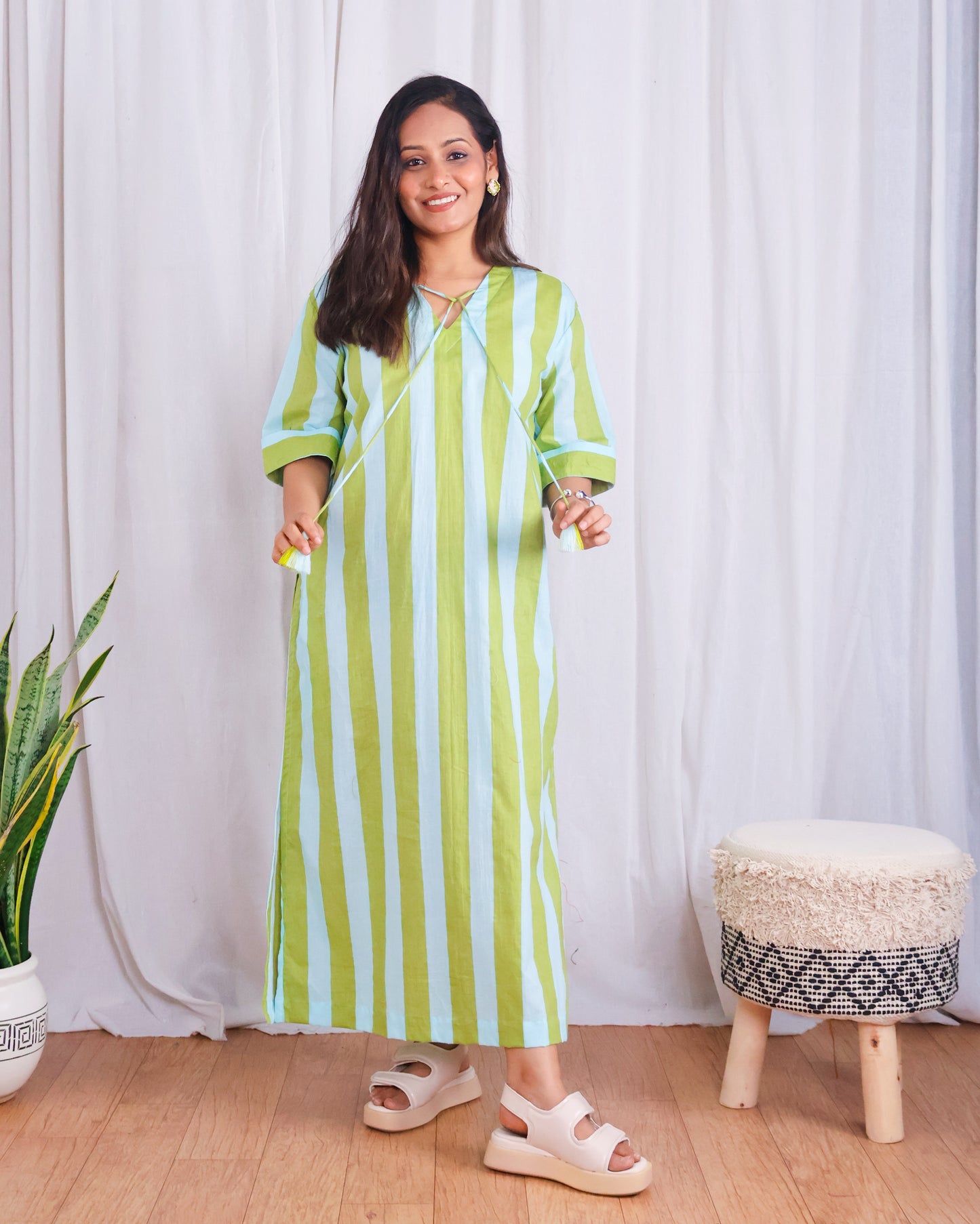 Taylor Green Blue Striped Cotton Midi Dress
