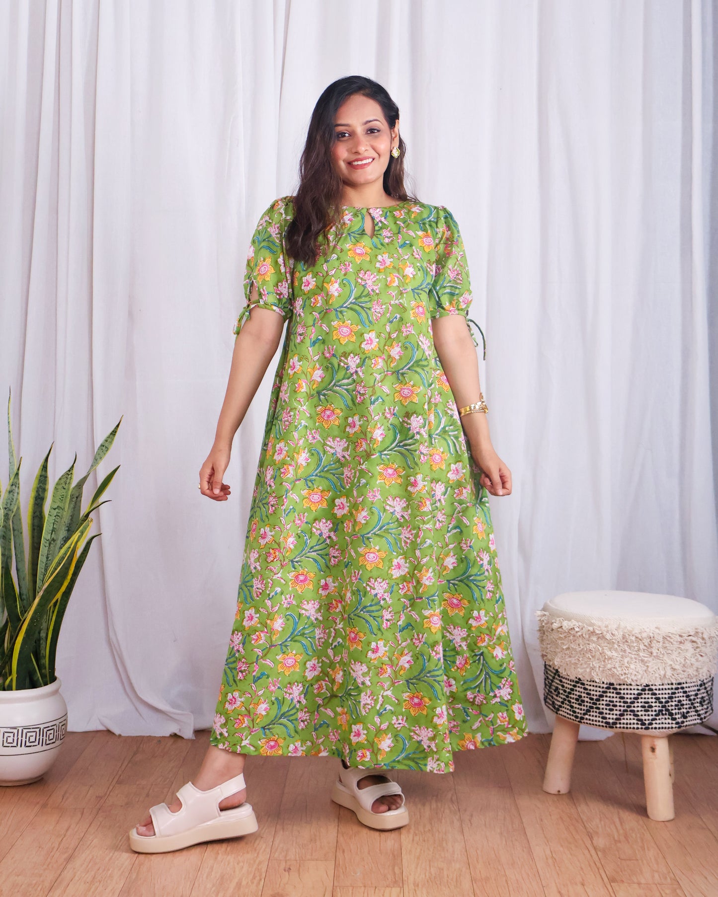 Emily Green Floral HandBlock Print Circular Cut Maxi Dress