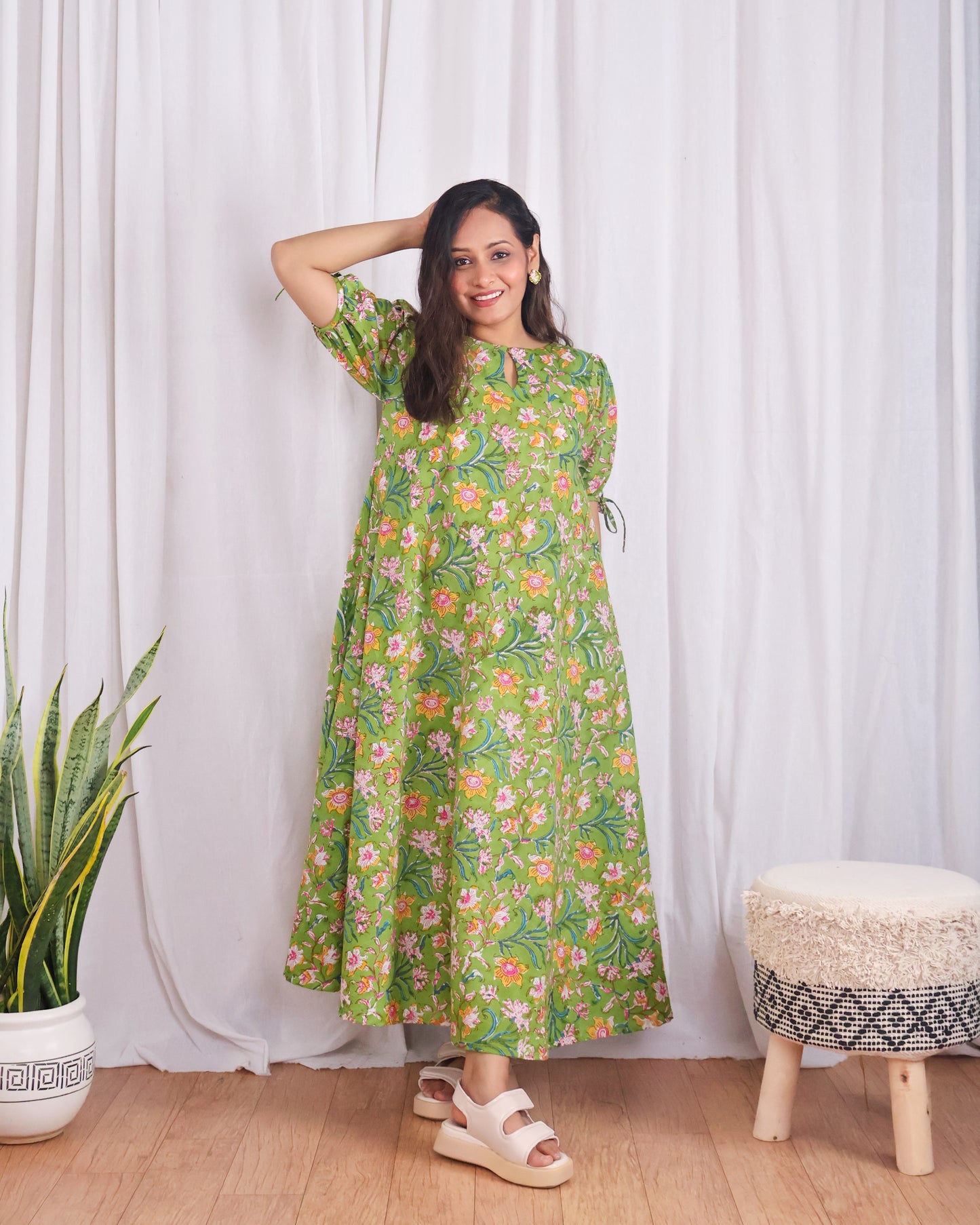 Emily Green Floral HandBlock Print Circular Cut Maxi Dress