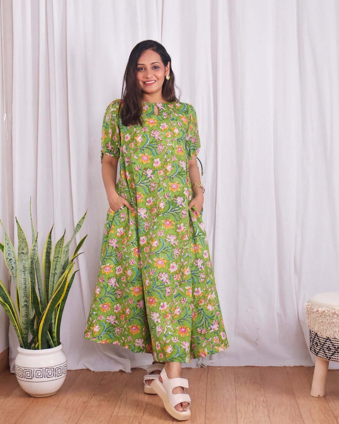 Emily Green Floral HandBlock Print Circular Cut Maxi Dress